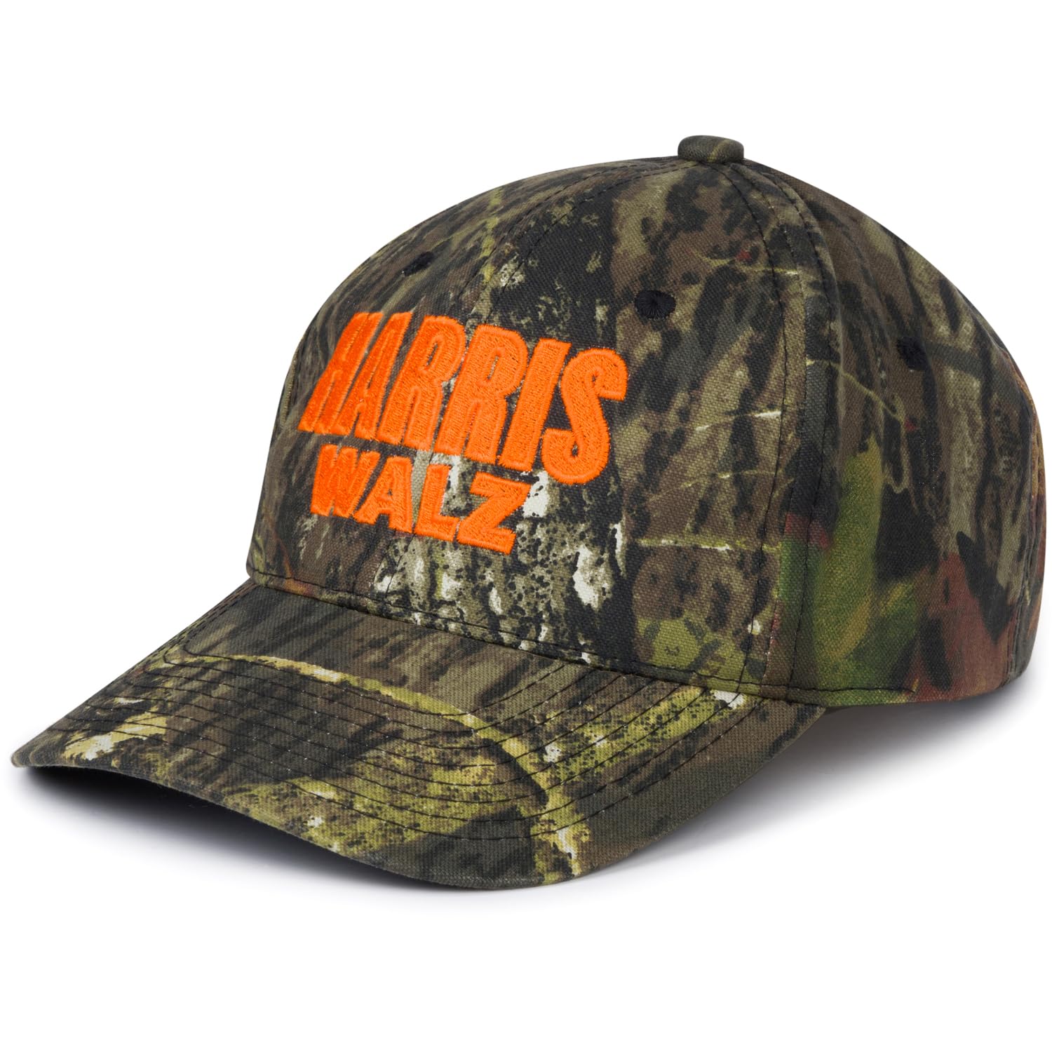 Mossy Oak Harris Walz 2024 Camo Hat – Mid-Profile, Structured, Durable 60/40 Cotton-Poly Blend, Adjustable Velcro Closure, Bold Orange Embroidery, Color New Break Up Camoflauge Pattern