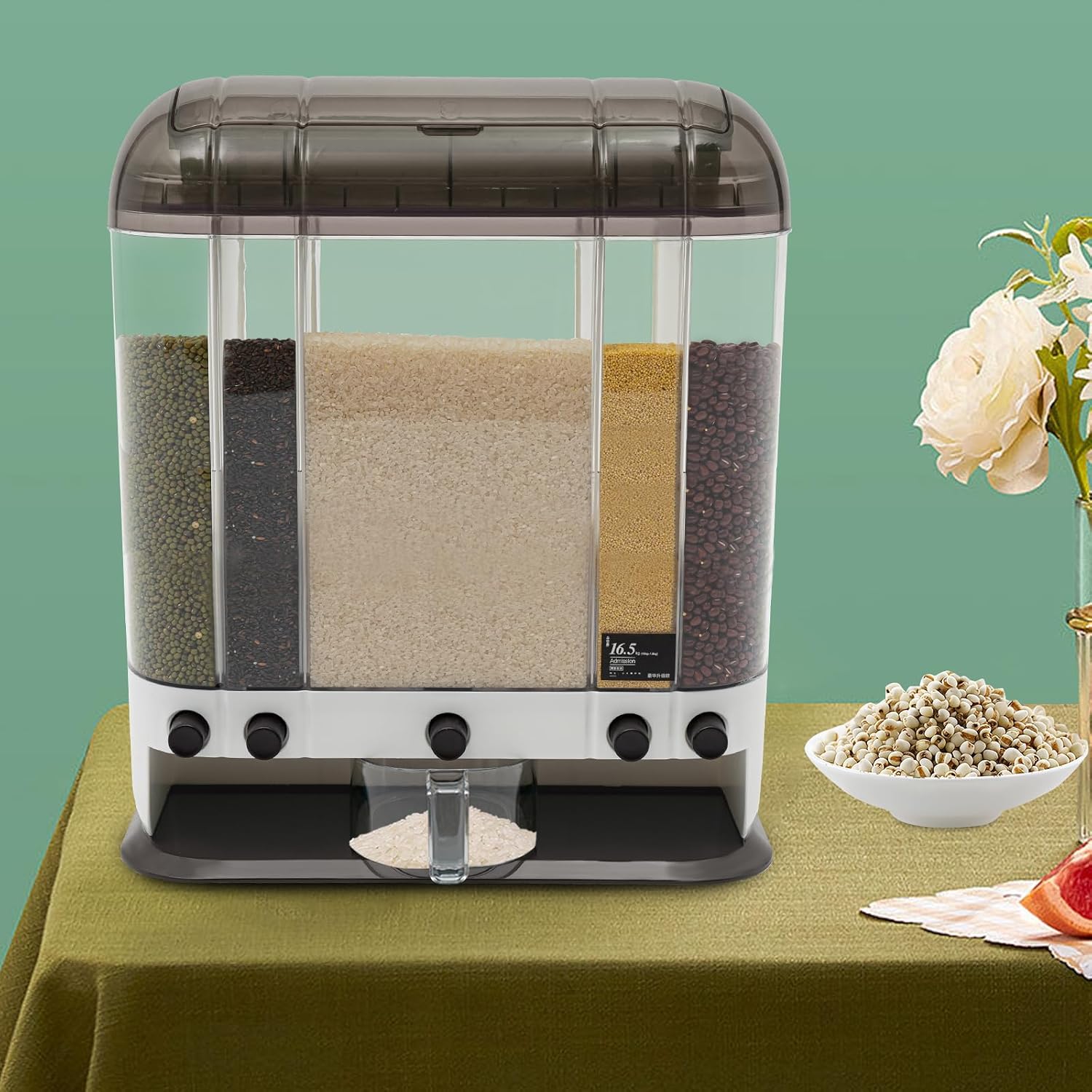 5 Grid 33lbs Dry Grain and Rice Cereal Dispenser Grain Storage Container Dispenser with Lid, Beans Dispenser