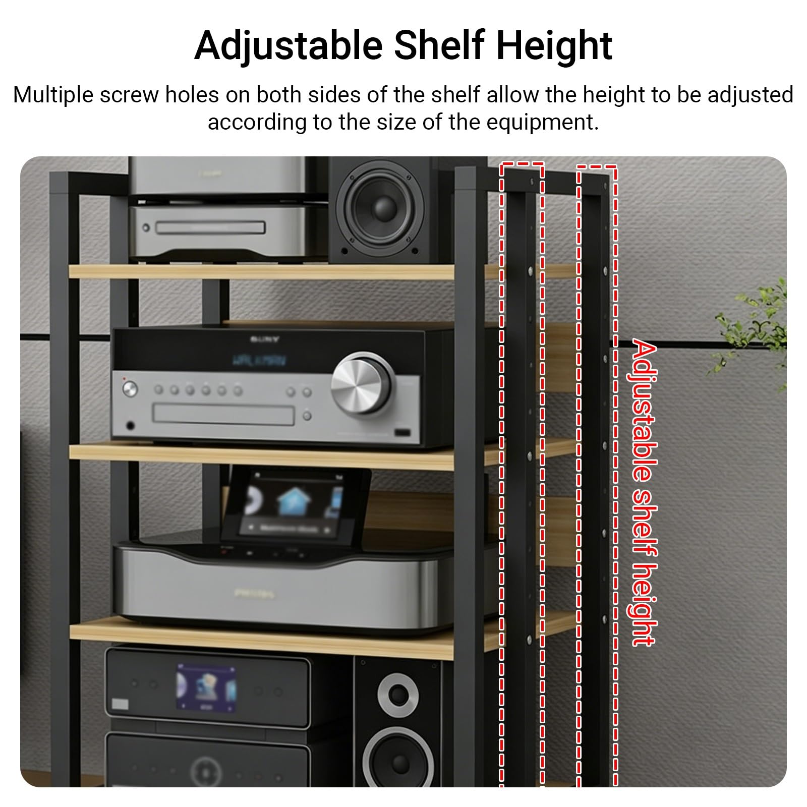 AV Media Stand, 3/4/5/6 ripiani in legno con telaio in acciaio, scaffale moderno per intrattenimento per casa, ufficio e componenti video