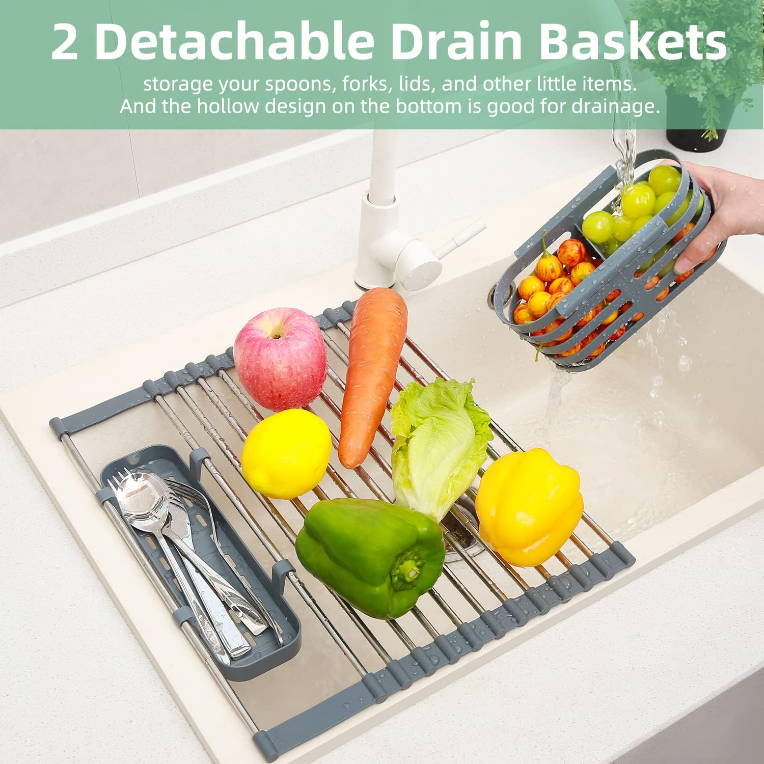 Ohuhu Over Sink Dish Drying Rack, Expandable Multipurpose Roll Up Dish Racks, Up to 23'' with 2 Utensil Holders, Dish Drainer for Kitchen Counter Sink Organizer Heat-Resistant Mat