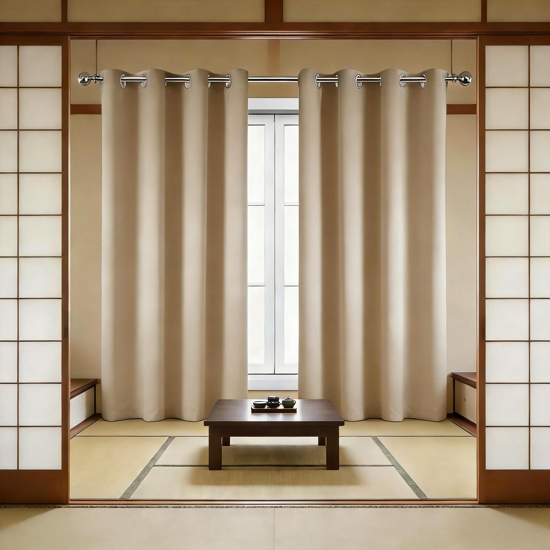 Rideau occultant isolant thermique pour fenêtres de chambre et salon au design beige