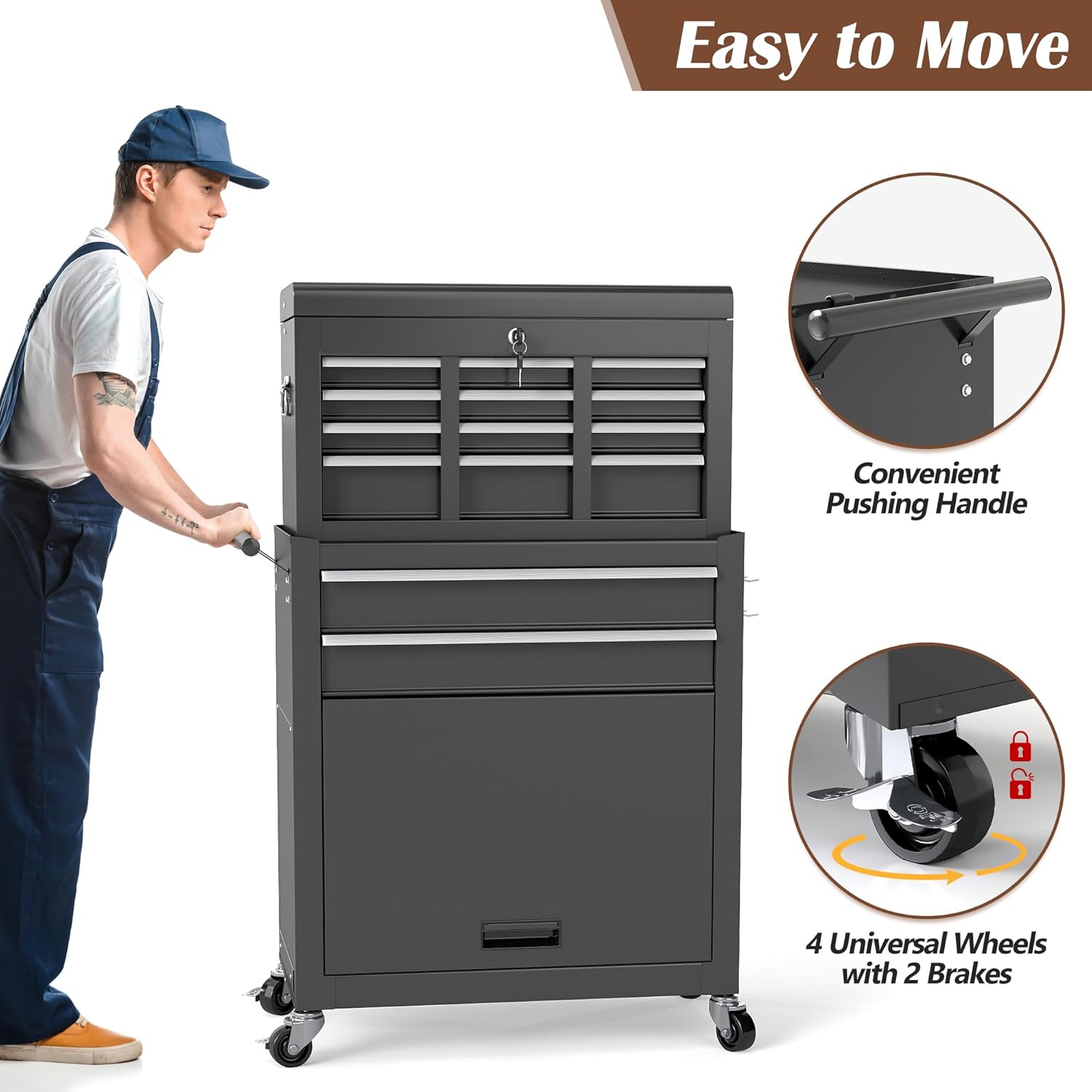 Tool Chest, 8-Drawer Tool Chest, 2-in-1 Rolling Tool Storage Box with Lockable Wheels & Sliding Drawers, Detachable Top Tool Box, Metal Tool Storage Cabinet for Garage, Workshop
