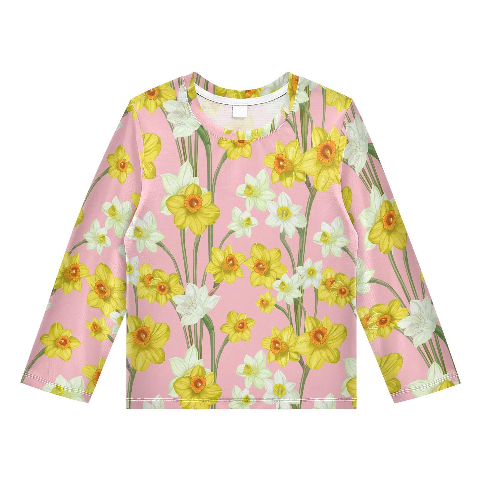 Daffodils Flower Blossom Pink Rash Guard Shirt for Boys Sun Protection Shirt for Toddler Kid UPF50+ 7-8T