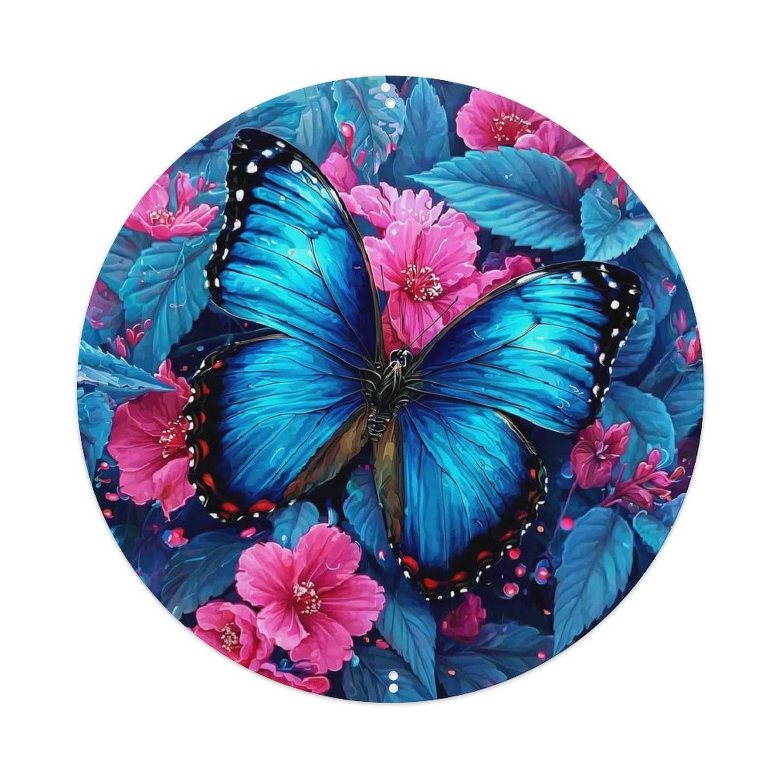Jdyaojiesheng Vintage Blue Butterfly Pink Flowers Leaves Round Tin Sign Retro Metal Wall Decor Metal Poster, Home Bar Garage Farmhouse Cafe Wall Art Decoration 8X8inch
