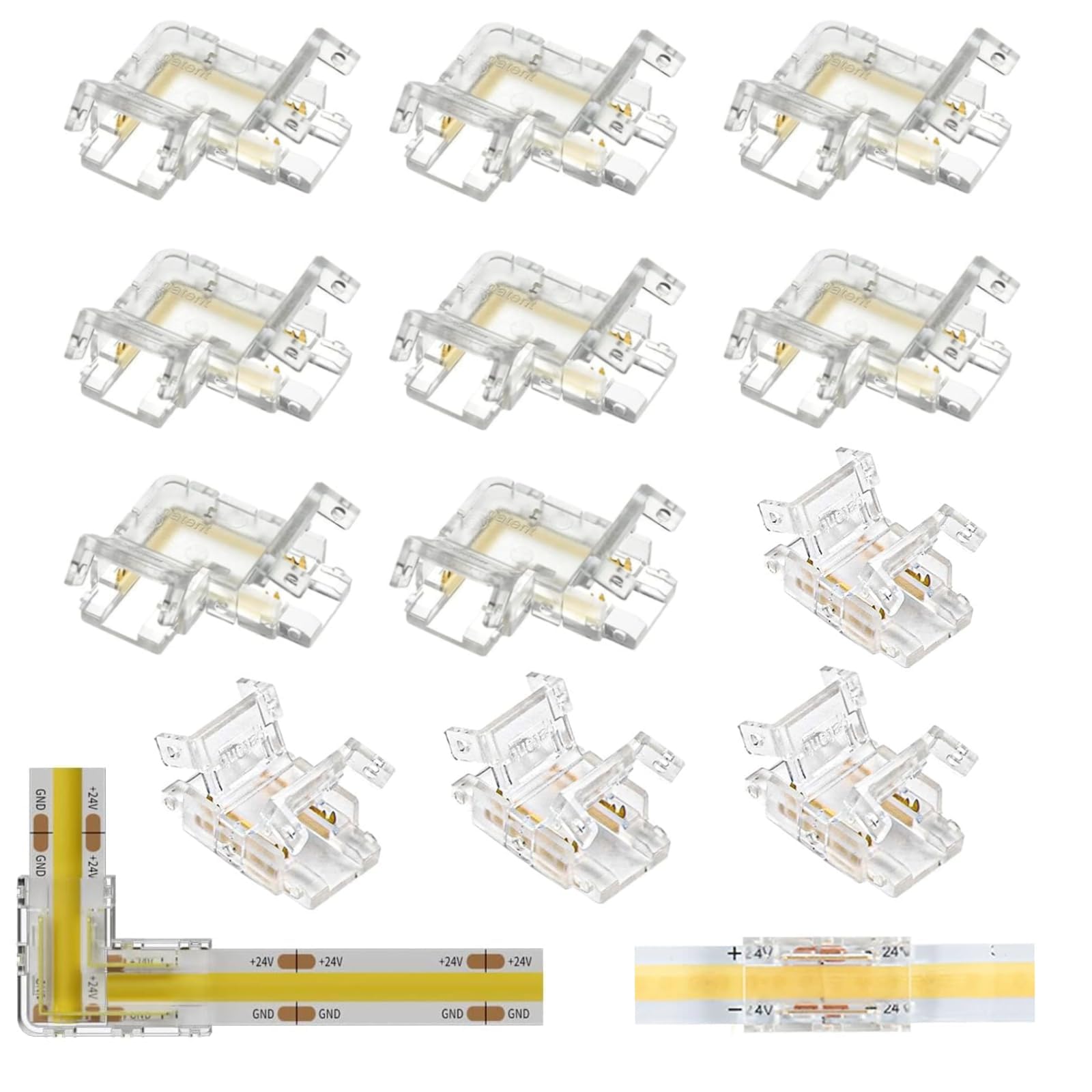 ChAusa 12 Pcs 2 Pin 10mm COB LED Connectors Gapless Solderless Clear Connector Strip to Strip×4 L-Shape Corner Connectors×8 for 10mm COB LED Light Strip