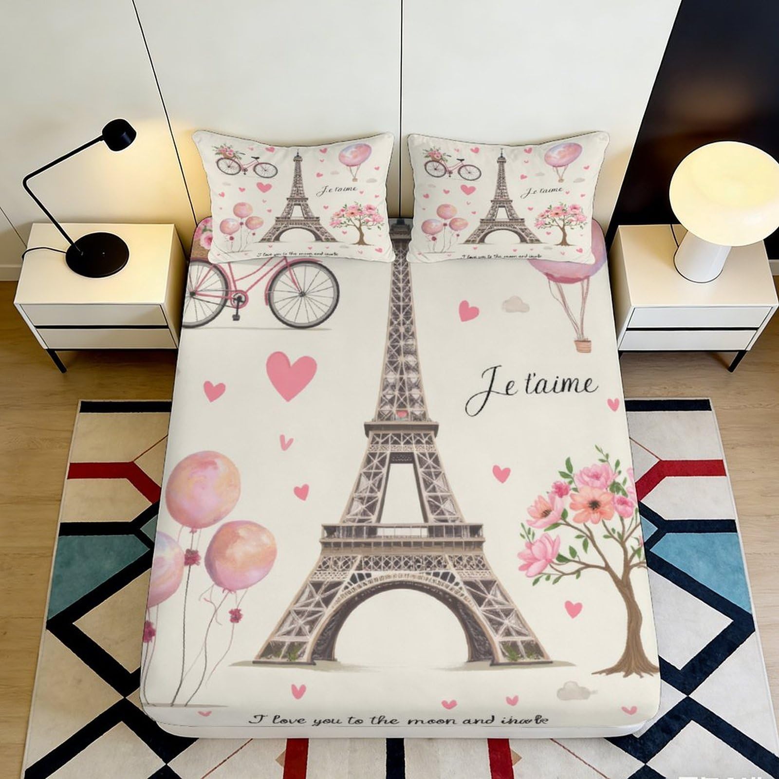 3D Printed Eiffel Tower Fitted Sheet Microfiber Pink Paris Balloon Bed Cover for Bedroom Dorm Mattress Decor 90x200x25cm
