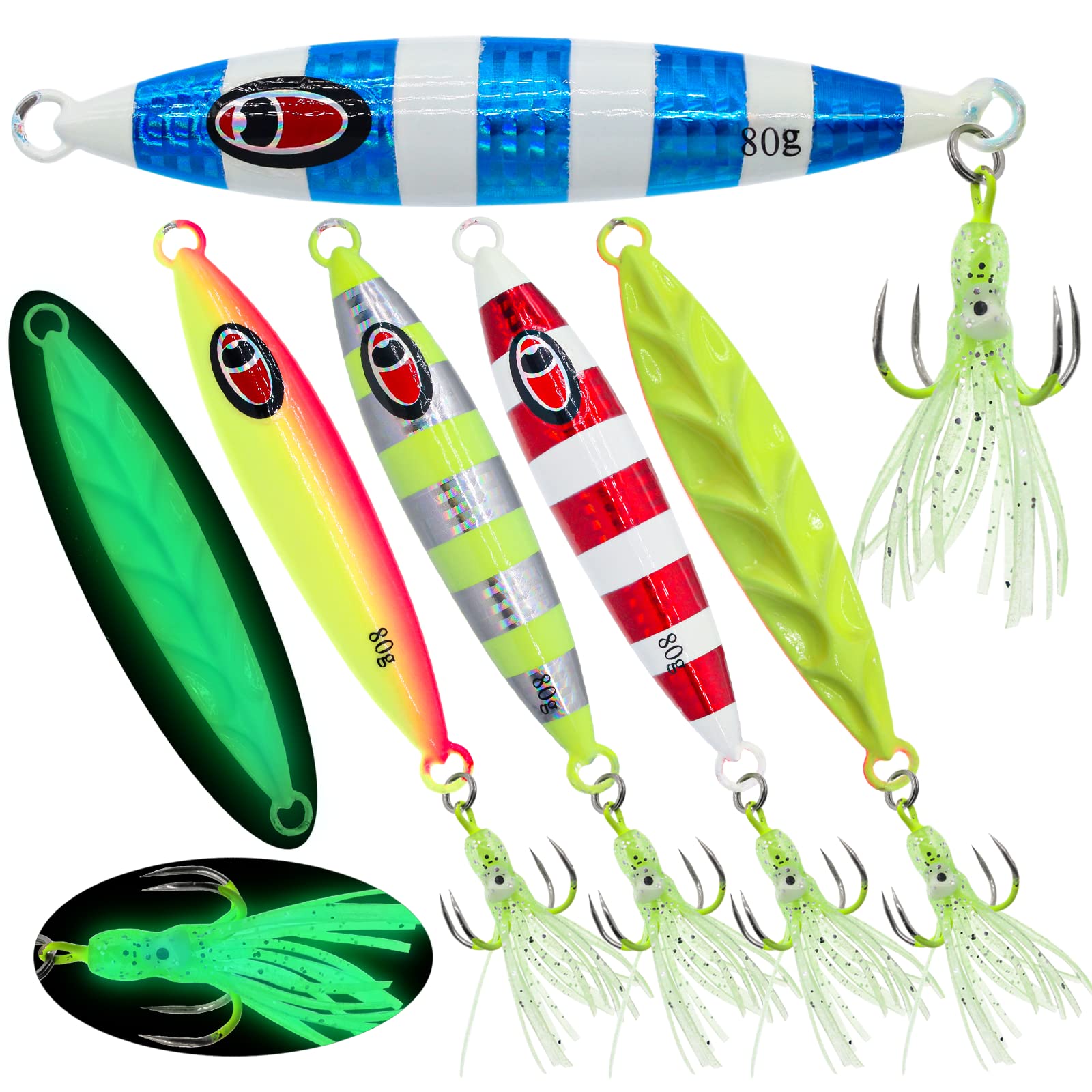 Gefischtter 5pcs Fishing Jigs Vertical Saltwater Metal Jigging Spoon Lure Slow Pitching Artificial Lures Glow Lead Octopus Skirt for Tuna, Bass, Dogtooth, Grouper - 80g