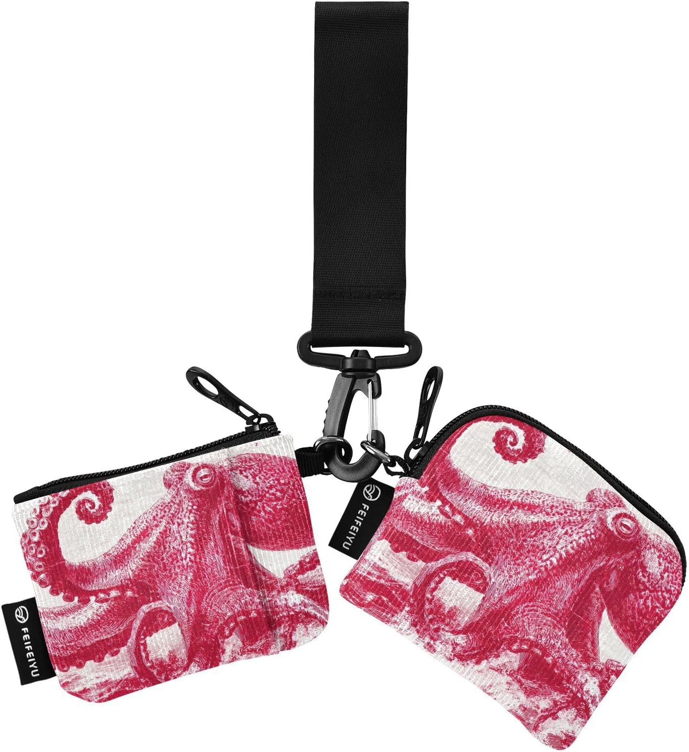 Vintage Octopus Print Coin Purse Pouch 2 Pcs, Zipper Closure Change Holder