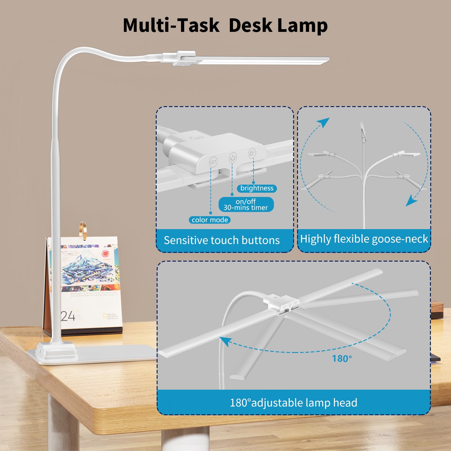 KableRika Lámpara Escritorio LED para Oficina, Flexo Escritorio de Doble Cabezal con Base, Luz de Arquitecto Regulable, luz monitor con Temporizador, para Leer, Estudiar y Oficina en el Hogar - Blanco