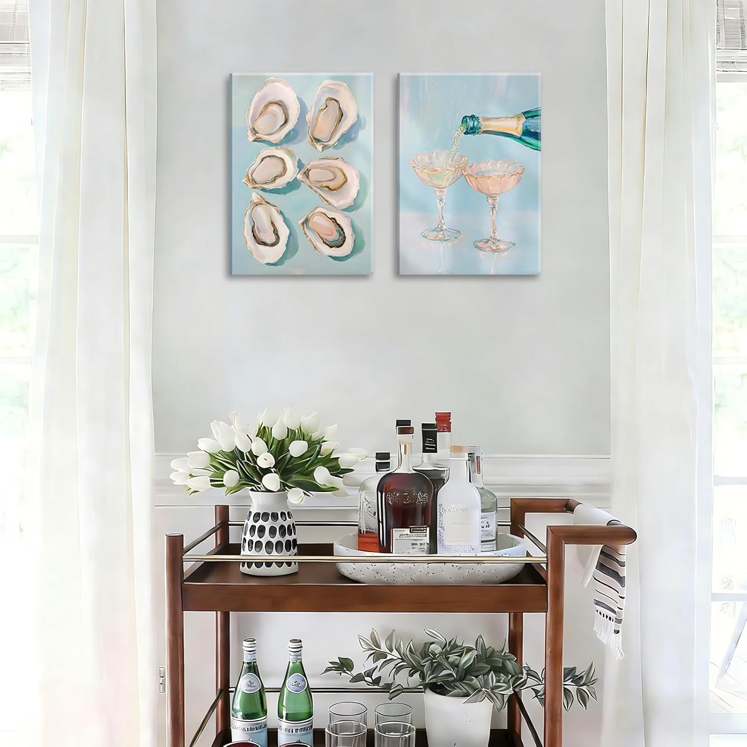 2Pcs Oyster Shell Canvas Wall Art Funky Bar Cart Cocktail Wall Decor Pictures Pastel Blue Wine Champagne Posters Print Girly Coastal Aesthetic Beach House Apartments Decoration 12x16in