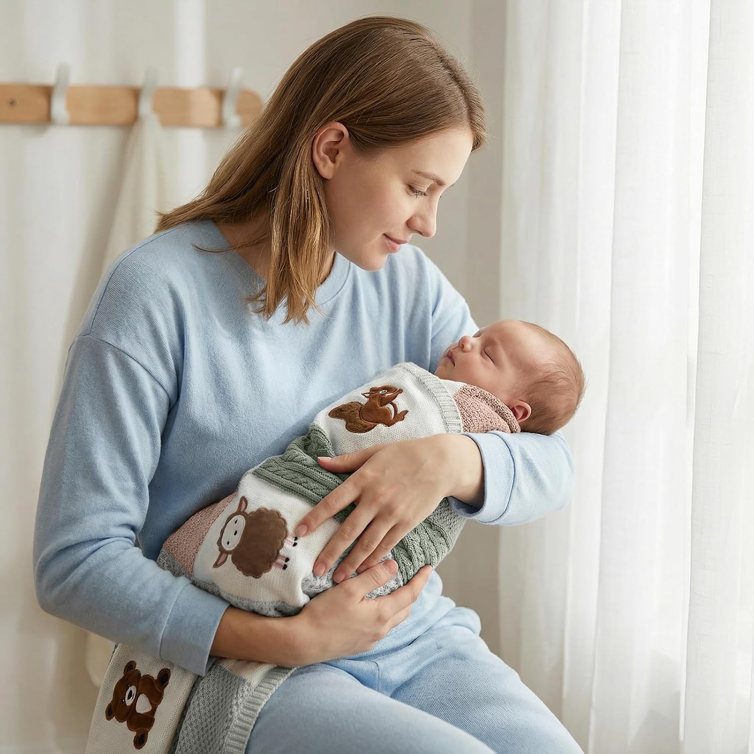 Baby Blanket, Soft Baby Blankets for Newborns, Baby Blankets Neutral with 3D Animal Embroidery, Cotton Baby Blanket Boy with Fleece Backing, 30x40 Nursery Swaddle Blanket