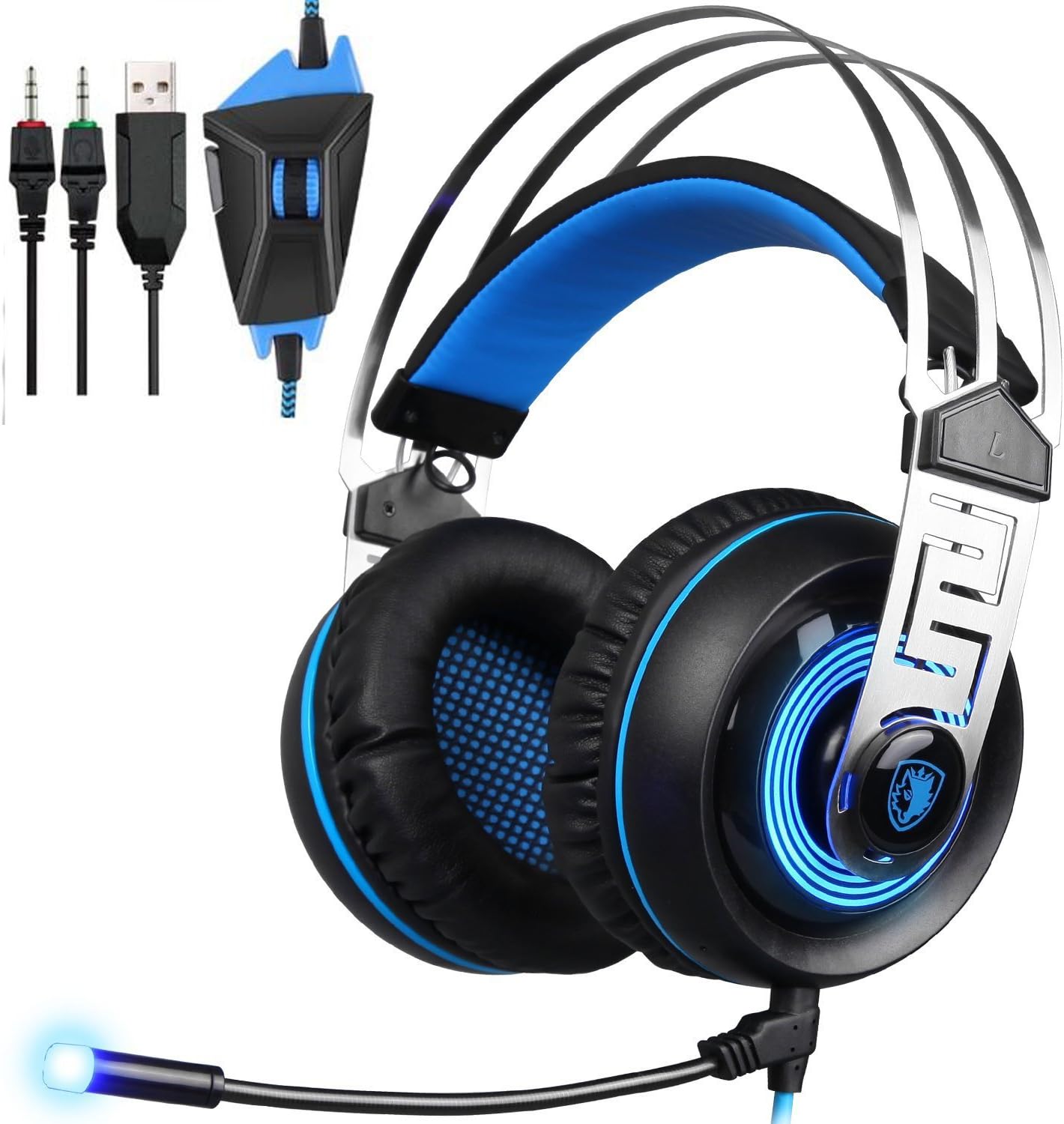 Sades A7 Two 3.5mm Wired Stereo Noise Canceling LED Light PC Gaming Headset Headphones with Microphone Flexible for Laptop Computer Volume Control,Black/Blue
