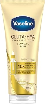 Vaseline Gluta-Hya Flawless Tone Serum Burst Lotion Moisturiser   Body Lotion with GlutaGlow , Glycerol, Hyaluron & Antioxidants 10x Stronger Than Vitamin C*, Reduces Dark Spots in 5 Days 200ml
