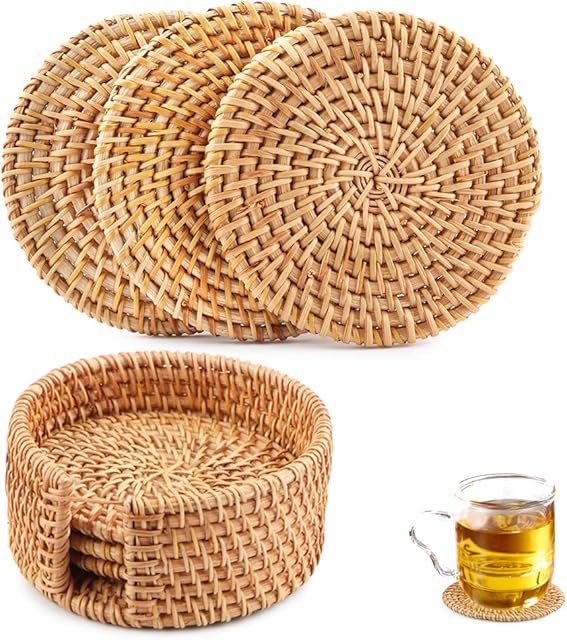 Rattan Coasters Set of 6pcs Handmade Woven Cup Coasters with Holder, Round Natural Rattan Cup Mats for Drinks Tea Cup Placemats Weave Cup Mat Decorative Cup Holder for Kitchen Table Drinks