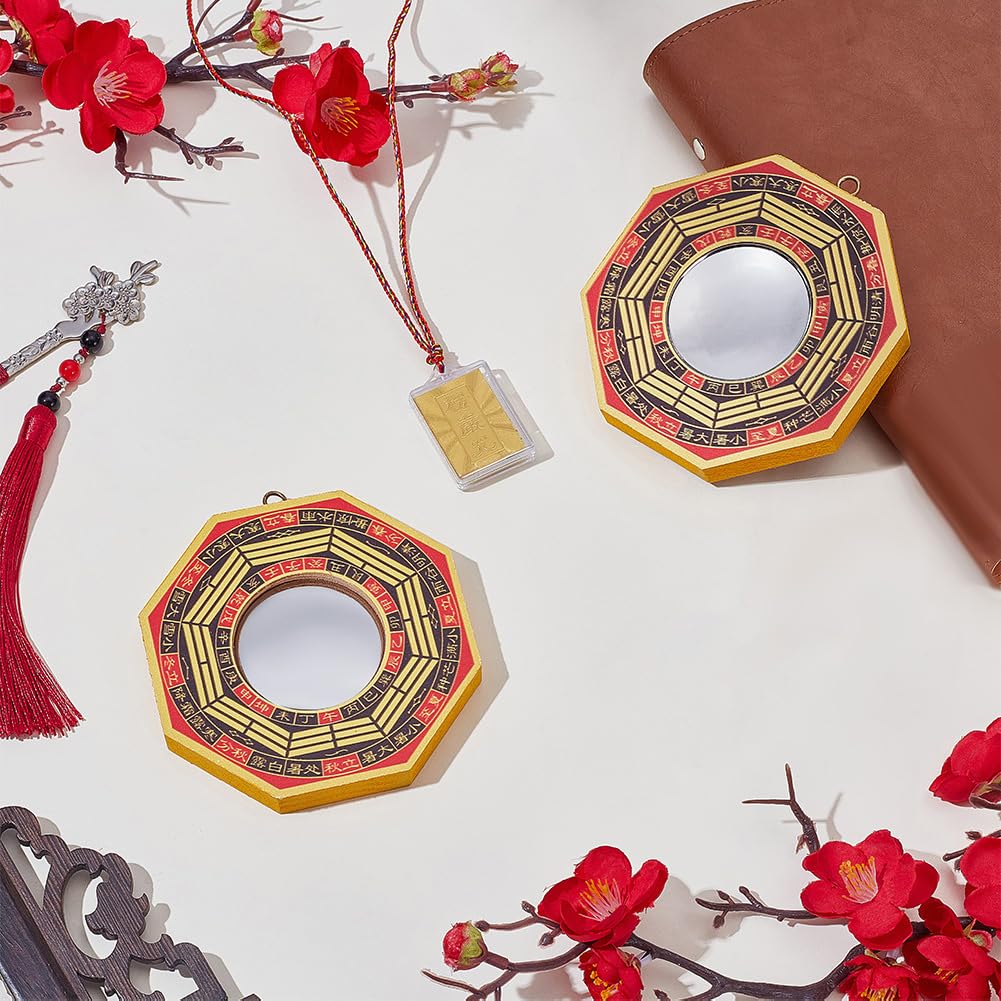 PLIGREAT Juego de 2 espejos Bagua, espejo Bagua para protección de madera, espejos cóncavos y cóncavos tradicionales chinos Feng Shui, 2 colgantes dorados para el hogar, protección activa y pasiva de
