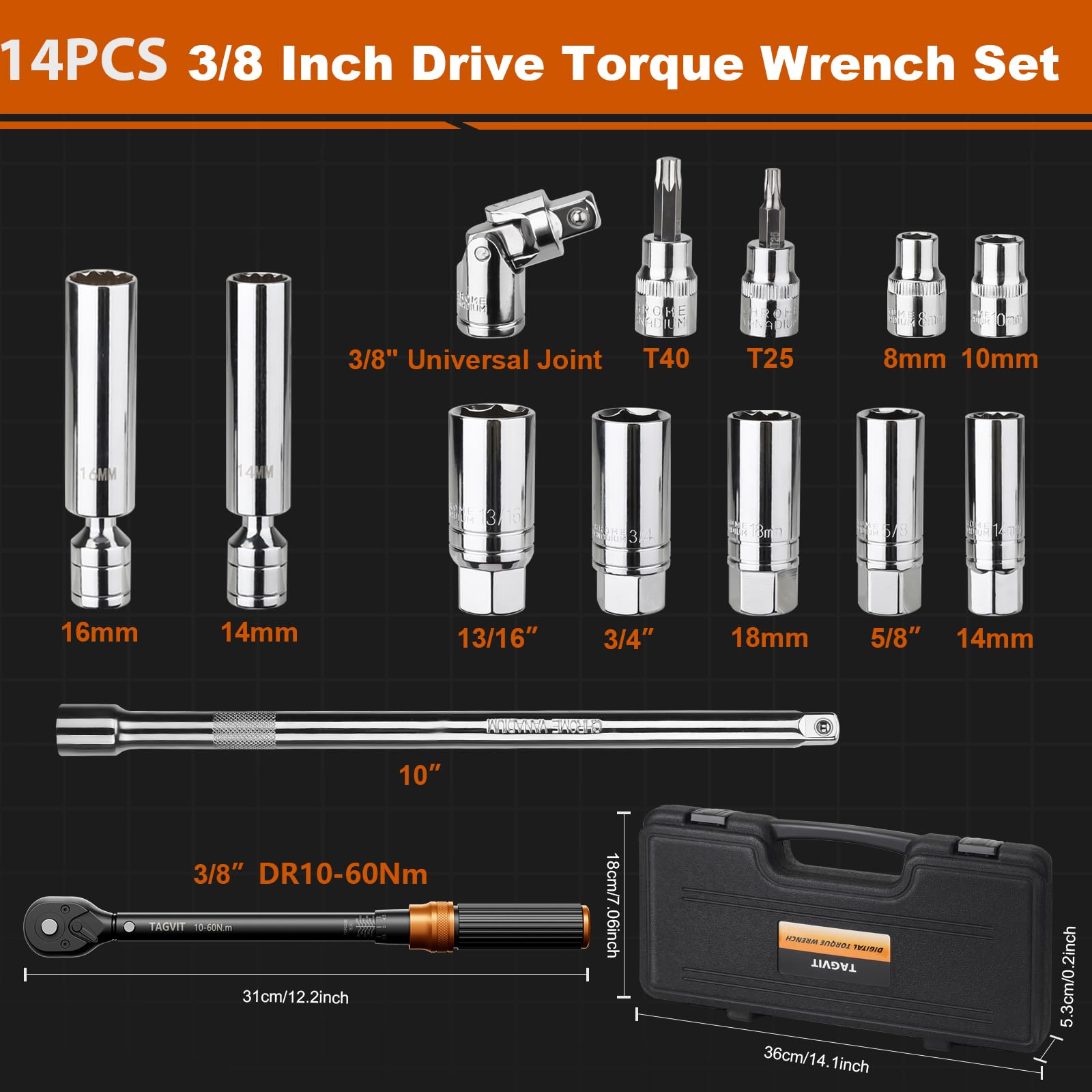 Drehmomentschlüssel 3/8 Zoll, 10-60Nm, 14-tlg. Drehmomentschlüssel Set, ± 3% Fehlergenauigkeit mit Verlängerung, Magnetische Zündkerzenhülse, Universalgelenk, Bits für Fahrrad, Motorrad, Auto