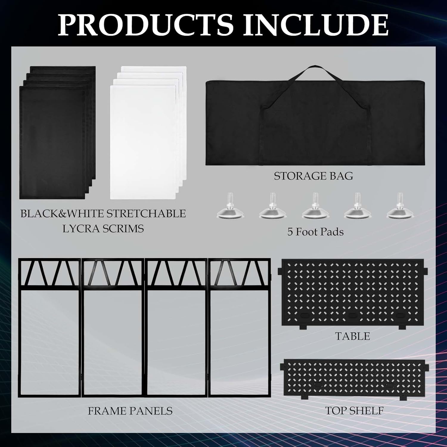 Portable DJ Booth Facade Stand, Foldable DJ Table 40" x 20" x 45" Tabletop, DJ Facade Station for DJ Controller, Mixer & LaptopEvents&Parties – Includes Carry Bag&Two Metal Corner Tables.