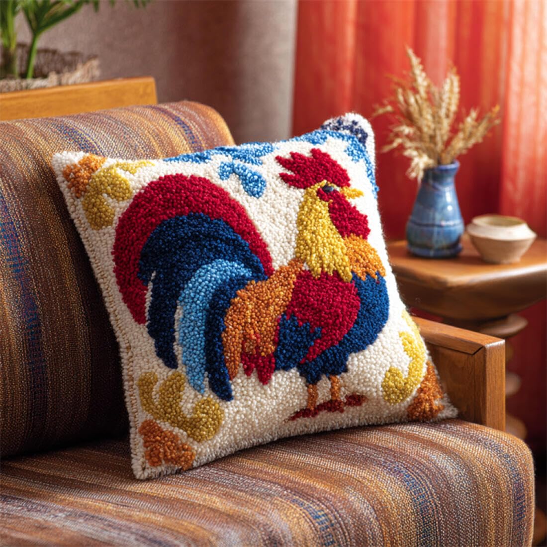 Kitquiver Animal Latch Hook Cushion Kits Colorful Rooster Crochet Needlework Crafts with Latch Hook Tool for Adults DIY Handmade Home Cushion Kits Decor 17x17In