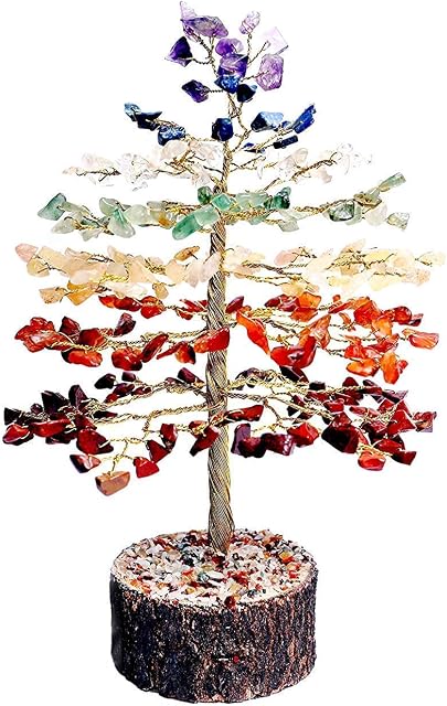 FASHIONZAADI Seven Chakra Crystal Gemstone Tree Feng Shui Bonsai Healing Crystals Stones Money Trees Natural Stone Chakra Balancing Home Office House Decor Great Gift Size :- 10 inch (Golden Wire)
