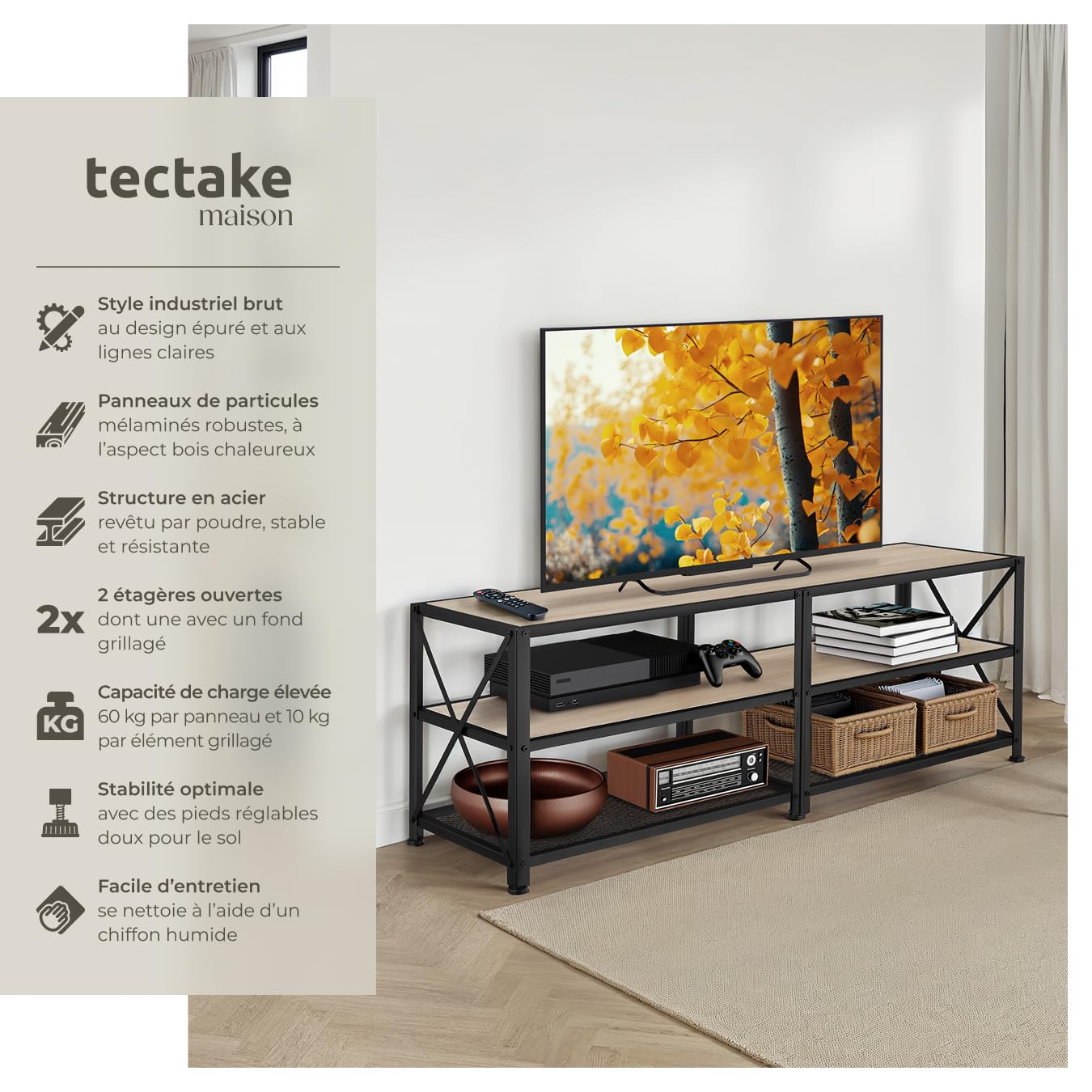 tectake® Meuble TV 141 x 41,5 x 50,5 cm, Banc TV Salon Chambre, Meuble Rangement Television, Style Industriel, 3 Niveaux Ouverts et Fond grillagé, Meubles de Salon pour télévision, Bois Clair