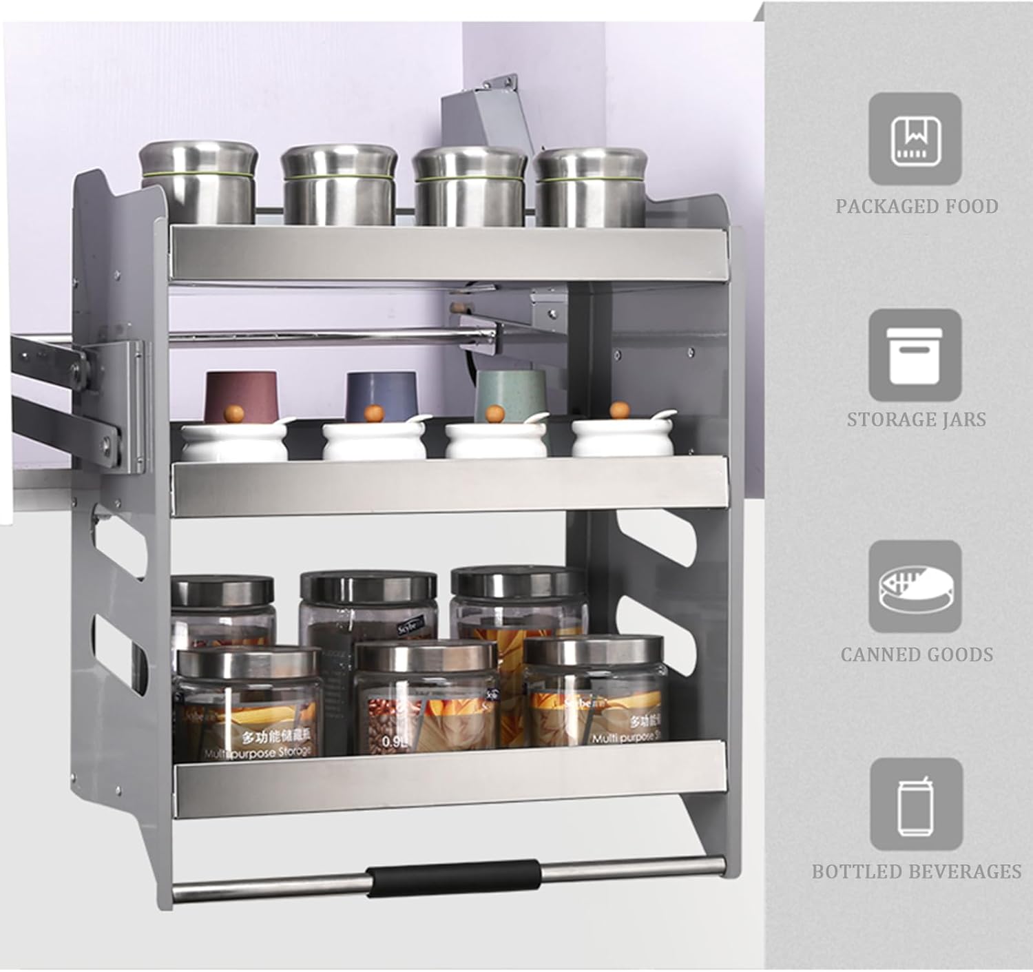 3-Tier Pull Down Cabinet Organizer, pull down shelf, Stainless Steel Adjustable Shelf for Kitchen Wall Cabinet, Heavy-Duty Lift Basket for Spices, Dishes, and Bottles, 15kg Capacity Storage Rack