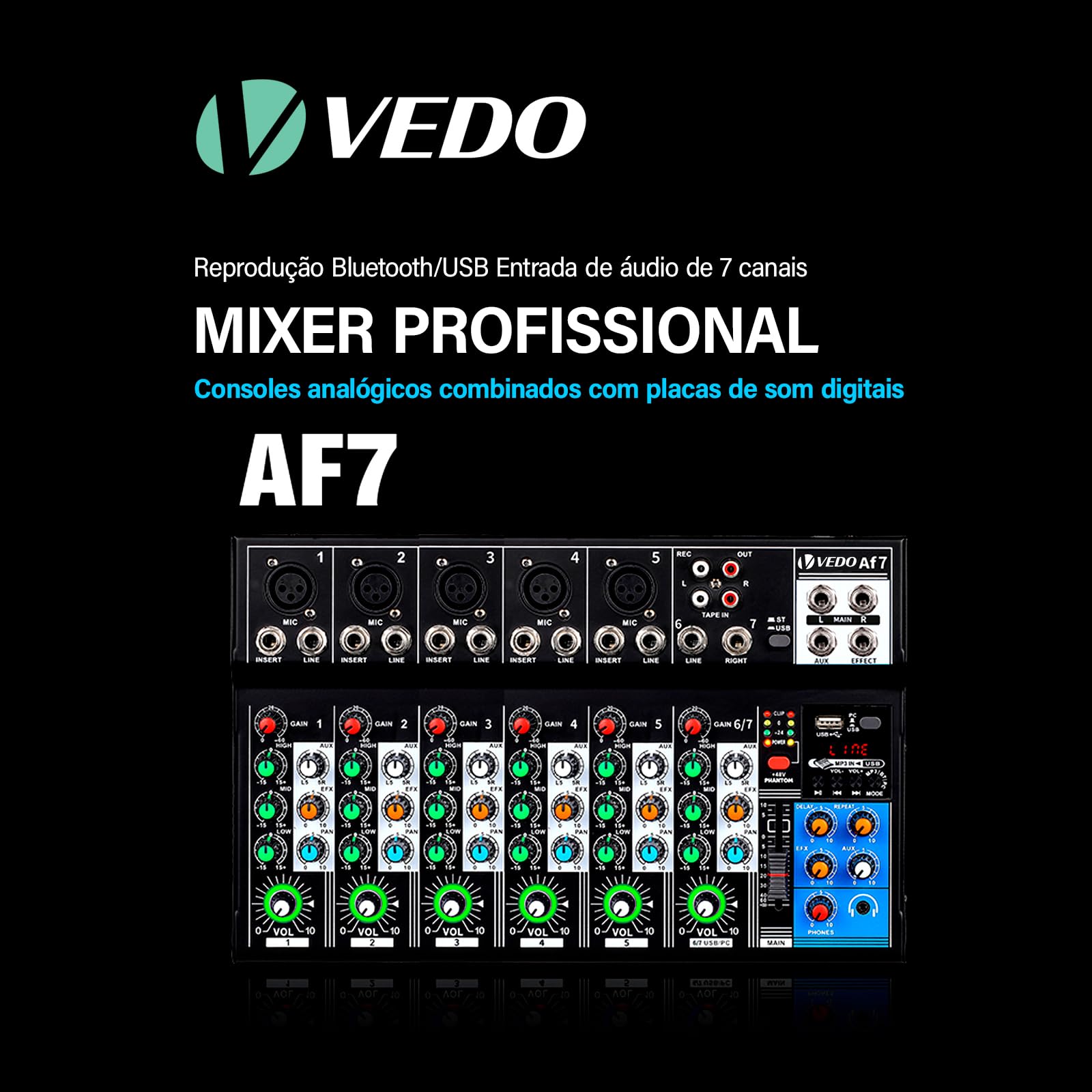 AF7 Mixer de Áudio Profissional 7 Canais com Bluetooth, Phantom