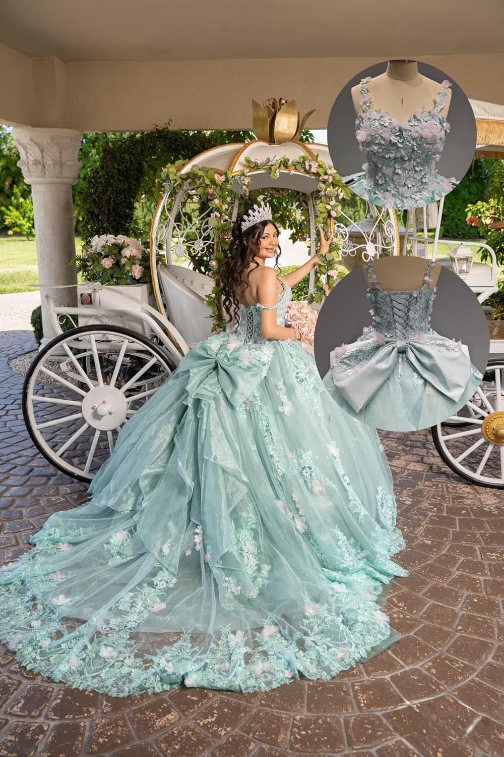 Vestidos de quinceañera con Tirantes Finos y Lazo Tul Brillante Flores 3D y Vestidos de Fiesta de quinceañera. MT040