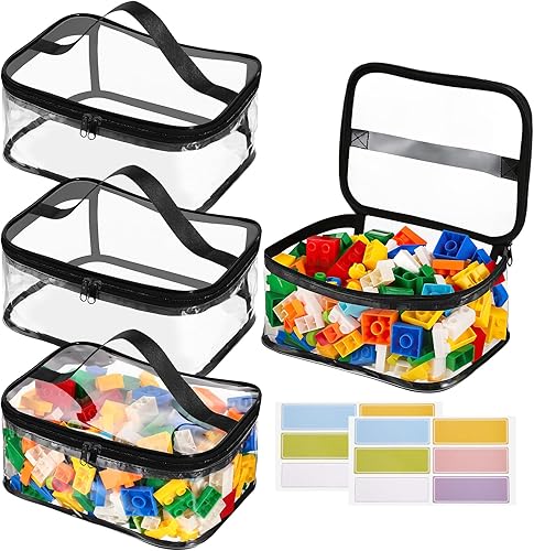 4 Packs Clear Toy Storage Bags, PVC Waterproof Toy Organizer with Zip Reusable Bags for Building Blocks, Board Game, Puzzles, Kids Books, Stationery