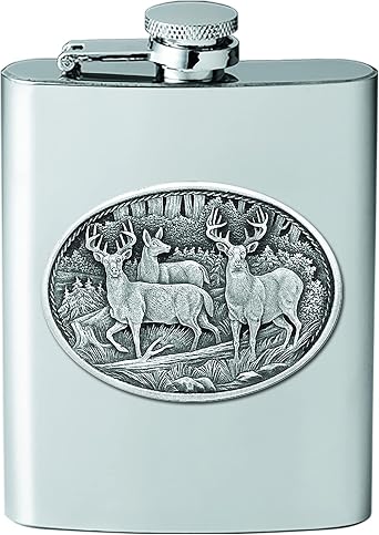 Heritage Pewter Whitetail Flask | 8 Ounce Liquor Flask Container - Stainless Steel | Intricately Crafted Metal Pewter Whitetail Inlay