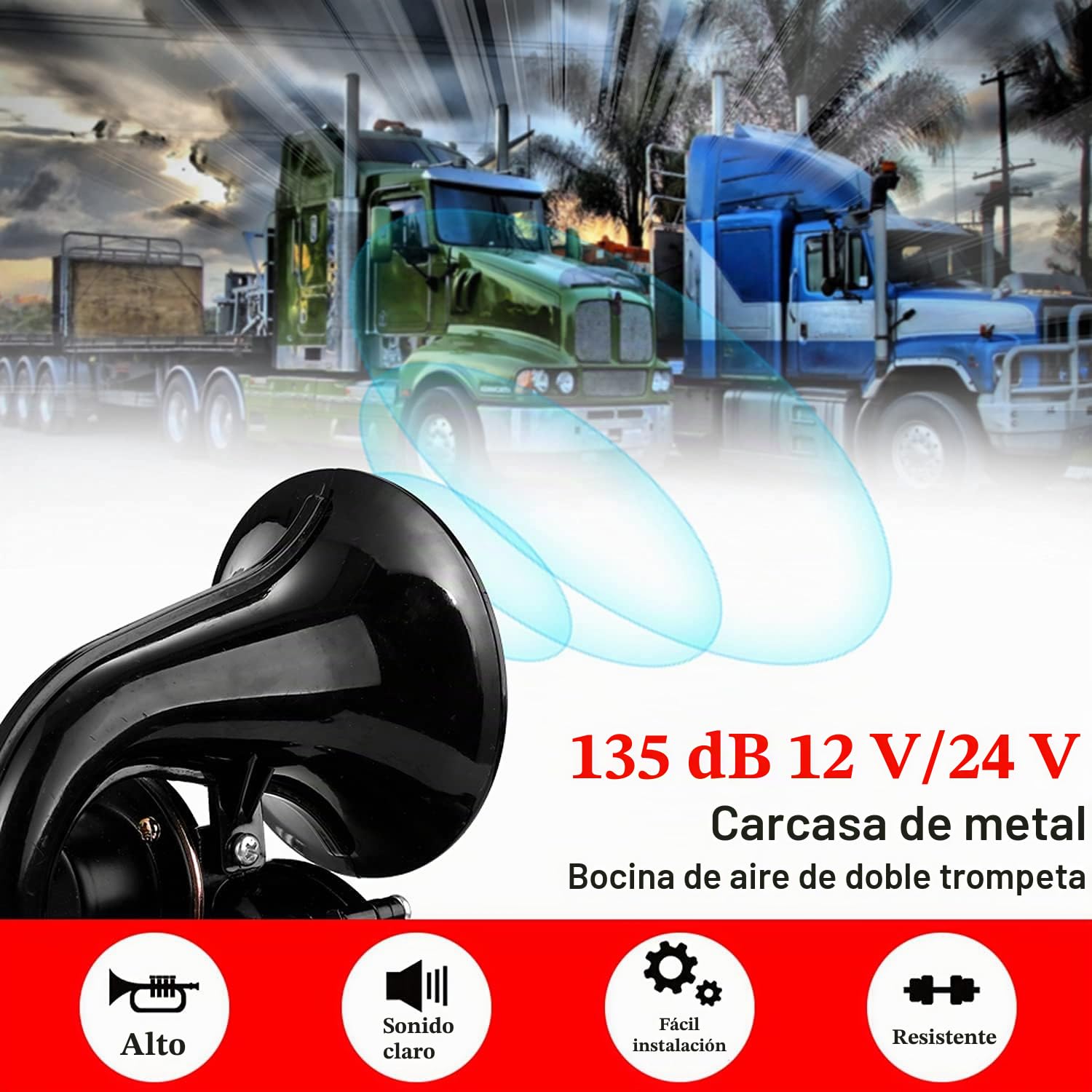 Bocina de Aire para Camión, 135db, 12/24V, Bocina de Aire de Trompeta Súper Ruidosa con Válvula Eléctrica, Plana para Coche y Camión