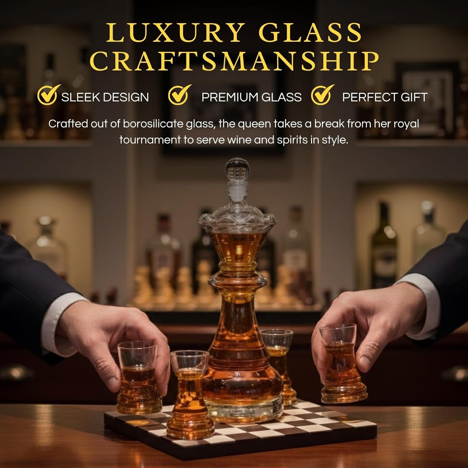 Chess Gift Decanter Set by The Wine Savant - Queen Chess Decanter 750ml 12" H With 4 Rook Shot Glasses 4oz - Queen's Gambit, Chess Player Gifts, Whiskey, Wine Lovers Gifts for Dad, Him, Her, Men