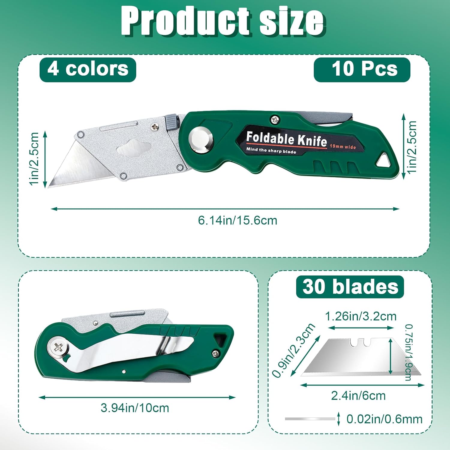 10 Pack Folding Utility Knife, Folding Box Cutter with 30 Extra Blades, Heavy Duty Utility Knife, Pocket Box Cutter for Cardboard, Boxes, Stainless Belt Clip, Quick Change Blades