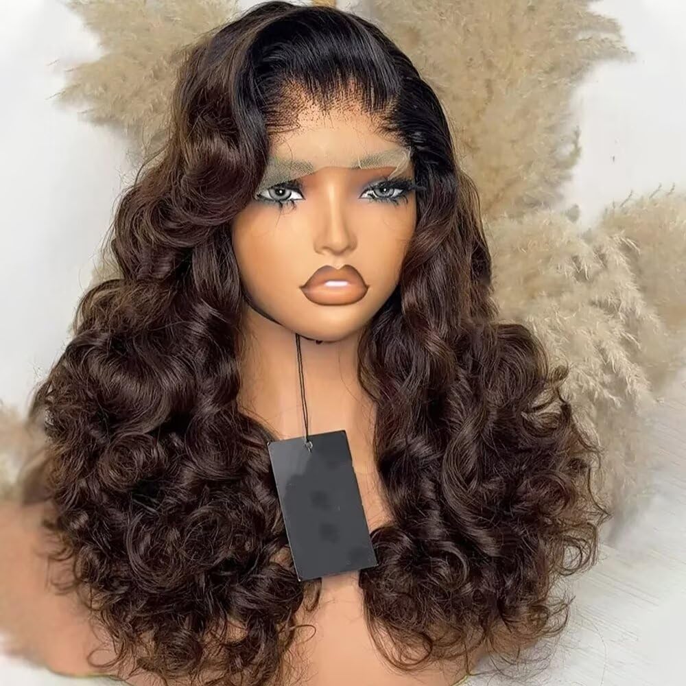 Ombre brown Color Dark Roont Loose Wave Human Hair Wigs Natural Baby Hair Pre Plucked 180 Density 14 inch 1B/4 Color 13X4 Transparent HD Lace Front Wigs with Invisible Bleached Kbots for Women