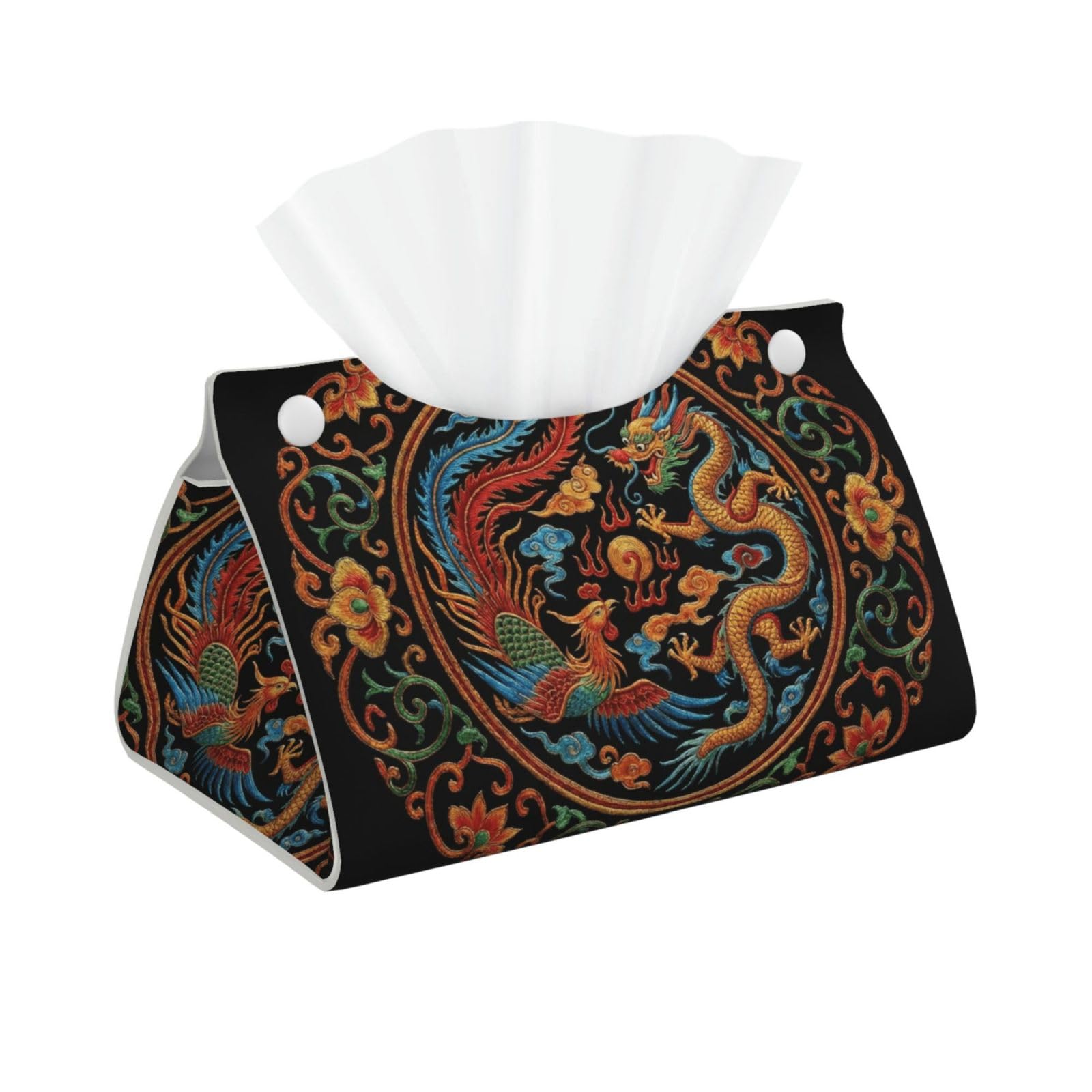 Soaring Dragons and Phoenixes Rectangular Leather Tissue Box Cover, Folding Facial Tissue Holder Dispenser for Car