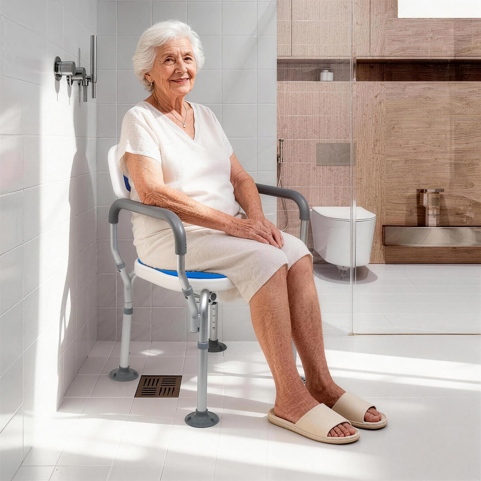 Silla de ducha ergonómica en forma de U con respaldo y reposabrazos, 180 kg, incluye ventosa, 6 niveles de altura, taburete de ducha para lavar el hogar