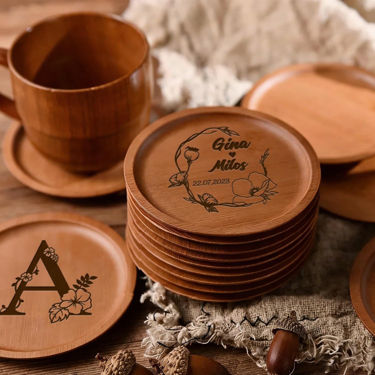 Posavasos De Bambú Personalizados para Recuerdos De Boda, Juego De Posavasos Redondos Personalizados para Bebidas, con Los Nombres De Los Novios Grabados, Regalo para Los Recién Casados(20pcs)