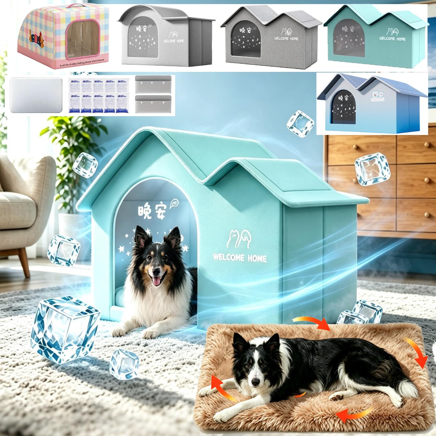 Maison pour Chat et Chien Tout‑Saison pour extérieur imperméable avec Tapis Auto‑réchauffant pour l’Hiver, Blocs réfrigérants pour l’été et Porte, Niche Isotherme Pliable Anti‑morsures pour intérieur