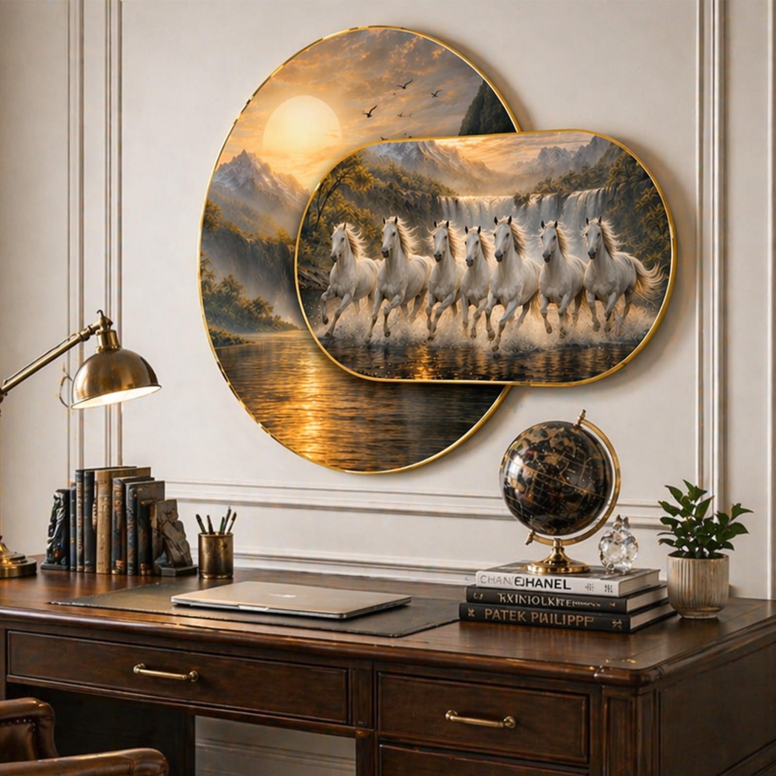 7 White Running Horses Framed Painting For Living Room | Abstract Vastu Sunrise Unique Layered Home Wall Decor For East Or South Wall, Livingroom, Bedroom, Hallway's, Office, Hotel - 56x82 cm-image-27