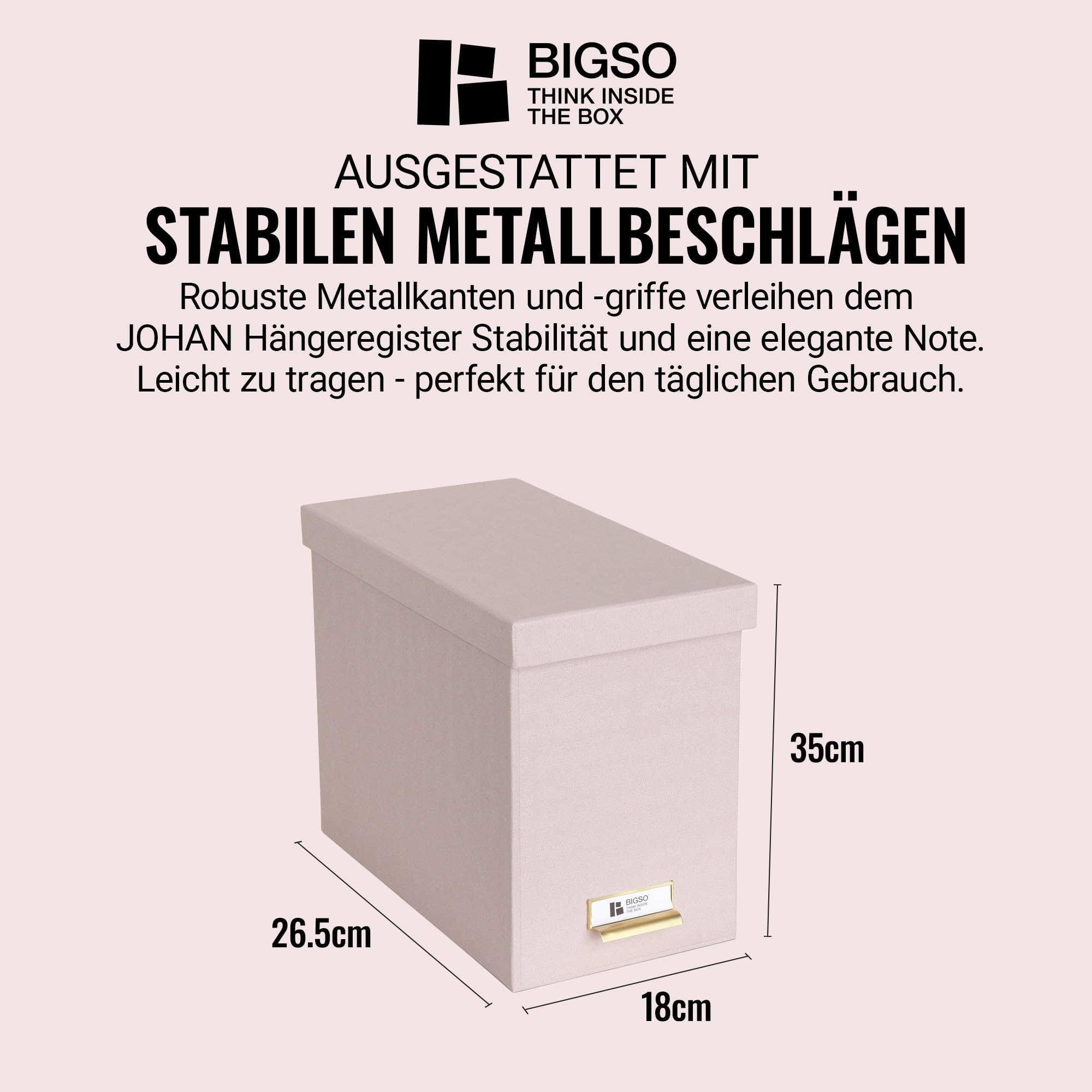 BIGSO JOHAN Hängeregisterbox A4 – Hängemappenbox mit Deckel und Griff – Schreibtischablage für Hängemappen & Dokumente – Aufbewahrungsbox aus recycelter Faserplatte und Papier – rosa