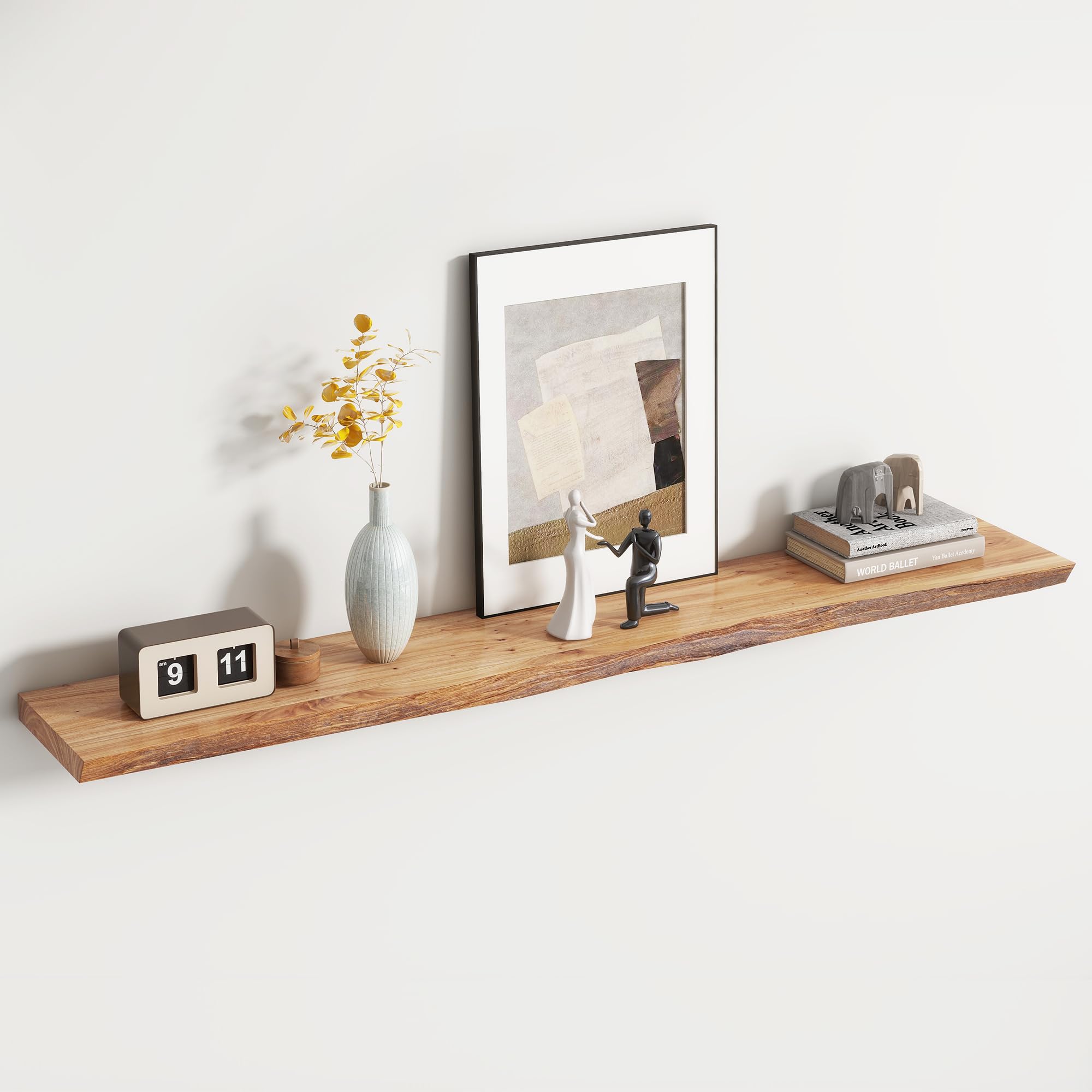 Reclaimed Elm Wood Floating Shelf for Wall, Live Edge 55"W x 9.2"D x 1.4"H, 1 Pack with Invisible Bracket, Large Wall Mounted Shelf for Living Room