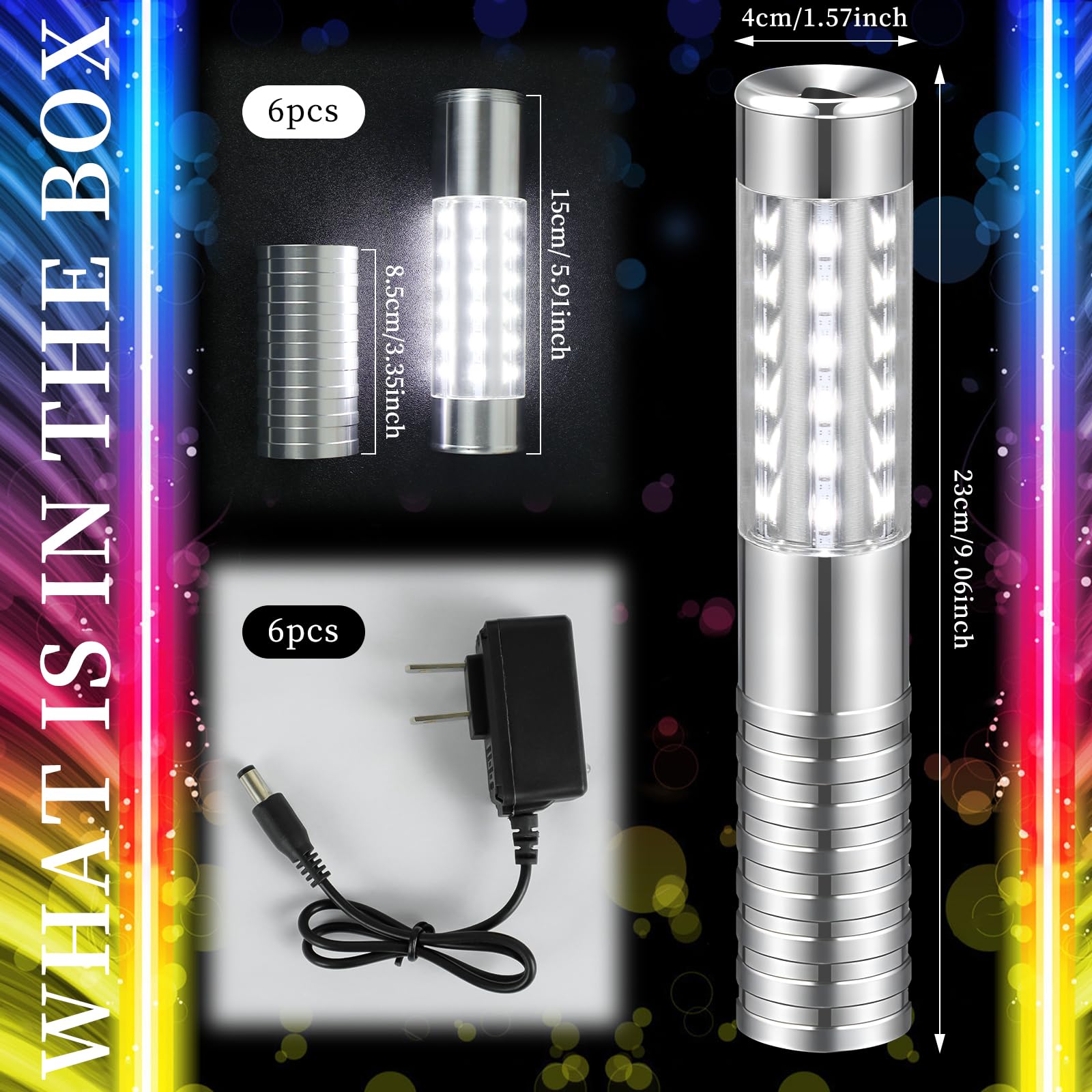 Luce di servizio della bottiglia stroboscopica del LED ricaricabile della luce bianca d'argento | 6 bastoncini di champagne riutilizzabili, ideali per palcoscenico, discoteca, feste, eventi, bar, attività all'aperto