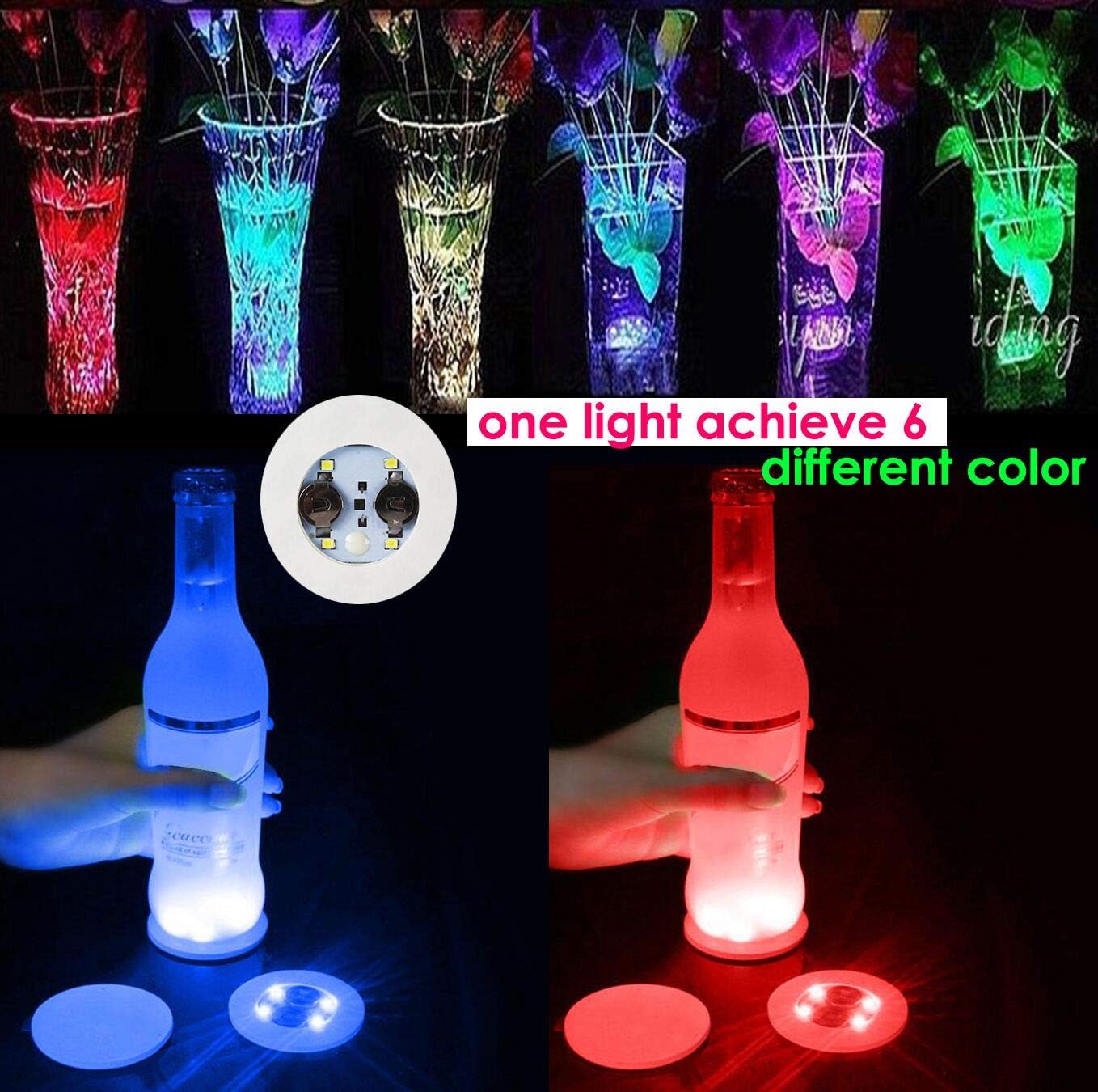 LED Coaster Discs,12 Pack Light Up Coasters,7Colors RGB LED Bottle Lights,Bottle Glorifier, LED Sticker Coaster Discs Light Up for Drinks, Flashing Shotb Light (Multicolor)
