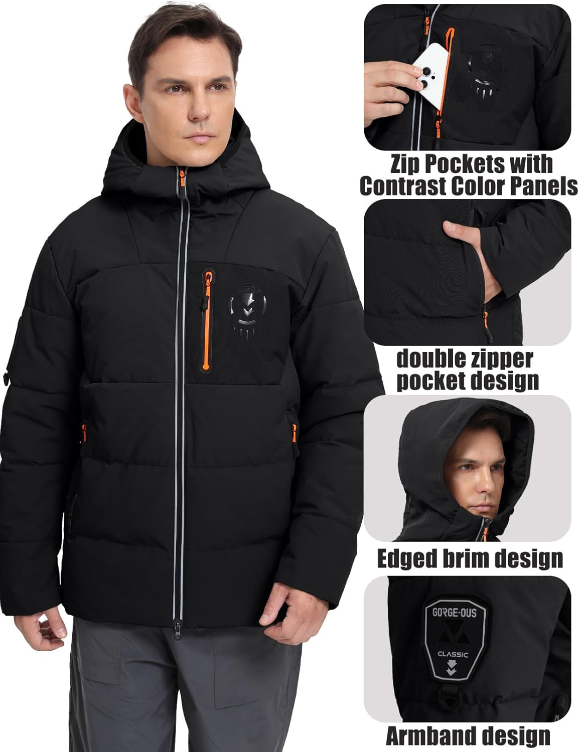 Men's Insulated Puffer Jacket Hooded Waterproof Winter Coats Lightweight Warm Windproof Snow Coat with Zip Pockets - Image 5