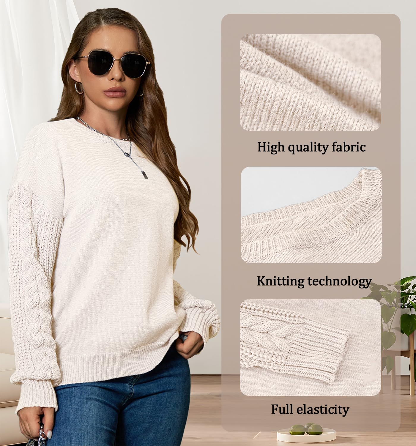 JFAN Maglione Donna Invernale Maglione a Girocollo in Maglia Sciolto Casual Maglione Donna Elegante