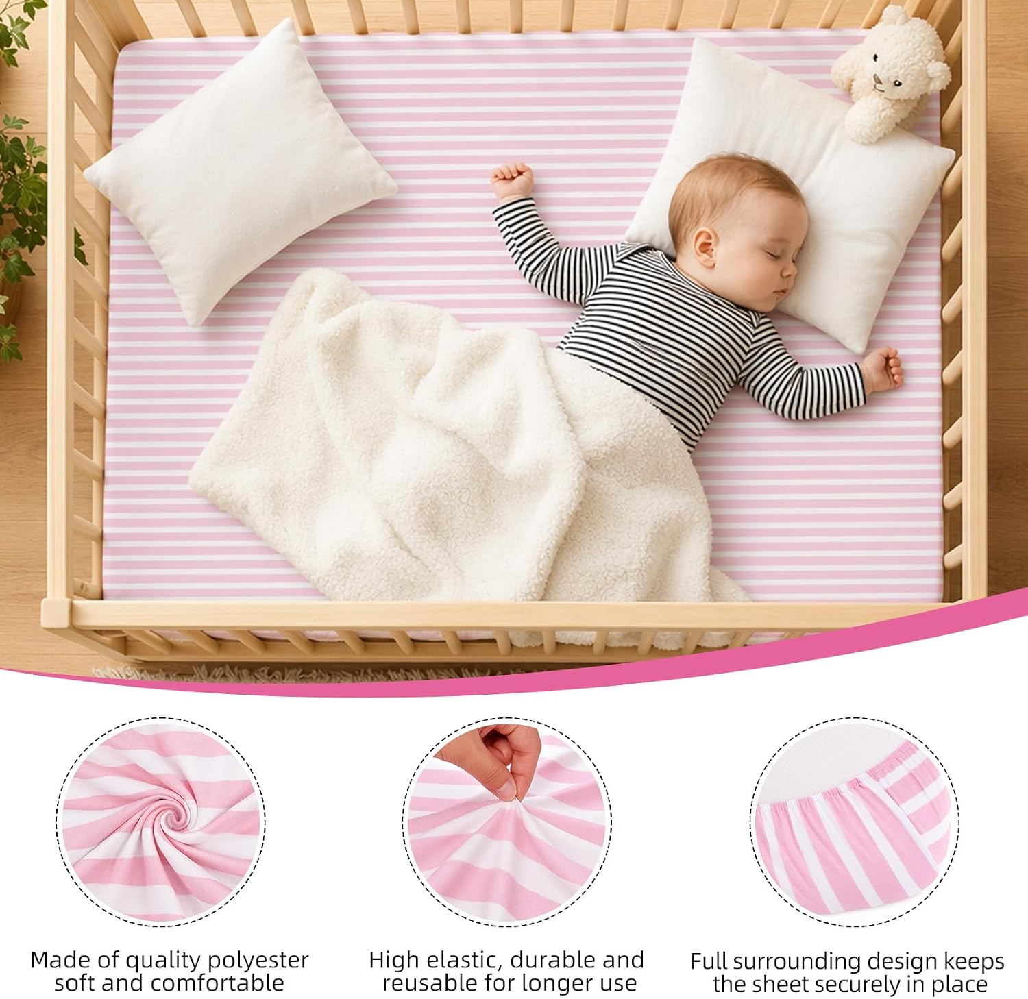 4 Pack Pink Bow Crib Sheets Girls - Fits Standard 52"x28"x8" Crib & Toddler Mattress, Soft Breathable Polyester Baby Nursery Bedding, Coquette Bow Polka Dot Stripe Printed Fitted Sheets for Girls