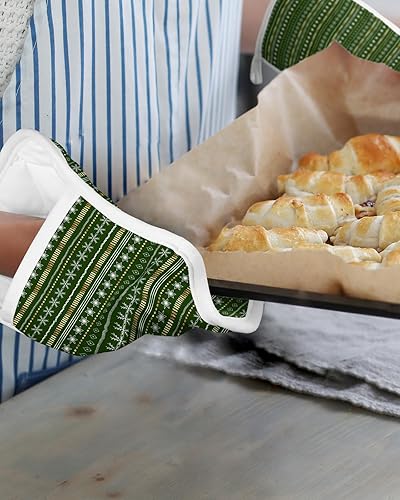 Miniatura 6 de Juego de 2 agarraderas verdes de Navidad para cocina, antideslizantes y aislantes de calor, juego de agarraderas de tela de toalla con bolsillo,