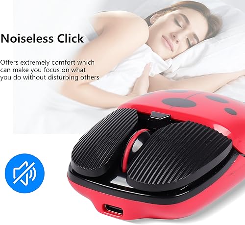 Miniatura 6 de Ratón inalámbrico, 2.4G recargable lindo patrón de mariquita animal, 4 botones 1600 DPI óptico silencioso Ratón inalámbrico portátil USB para