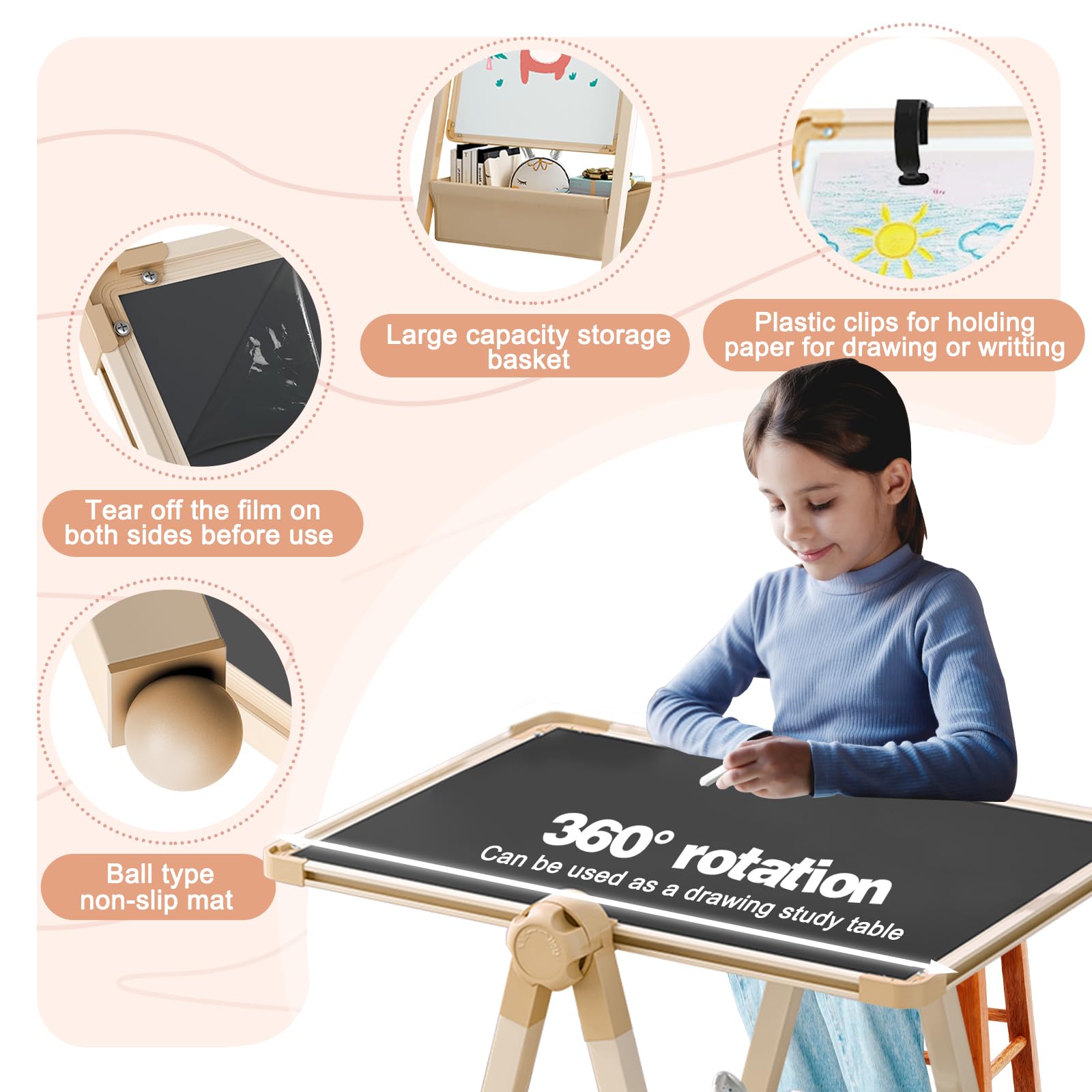 Lavagna per Bambini Cavalletto Artistico Pittura in Regolabile Altezza 3 in 1 Doppia Faccia Tavolo da Disegno Pieghevole, Lavagna Bianca Girevole a 360° con Lettere e Numeri Giocattoli 3+ Anni