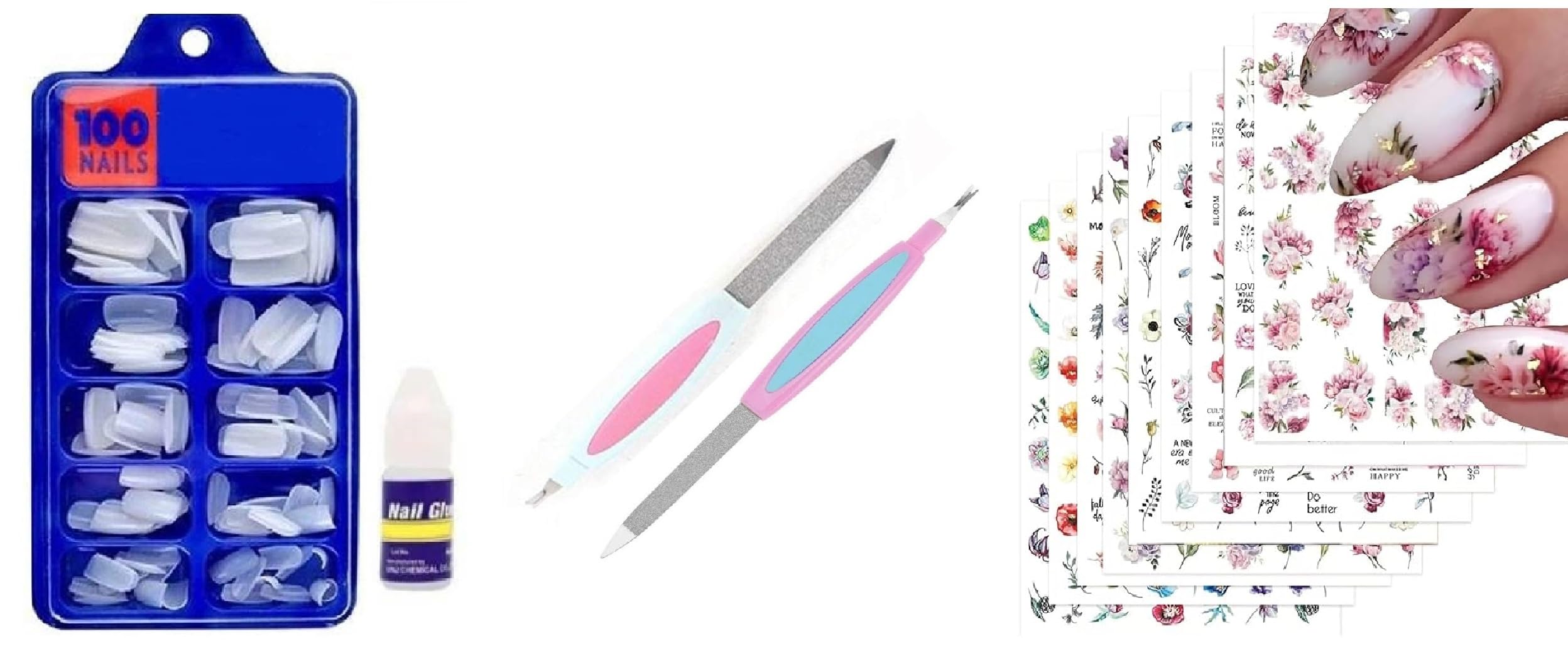 White Nails 100 Pcs with Nail Glue, Nail Filer & 4 Nail Art Sticker Sheets | Complete Nail Extension & Art Kit Combo set of 8-image-38