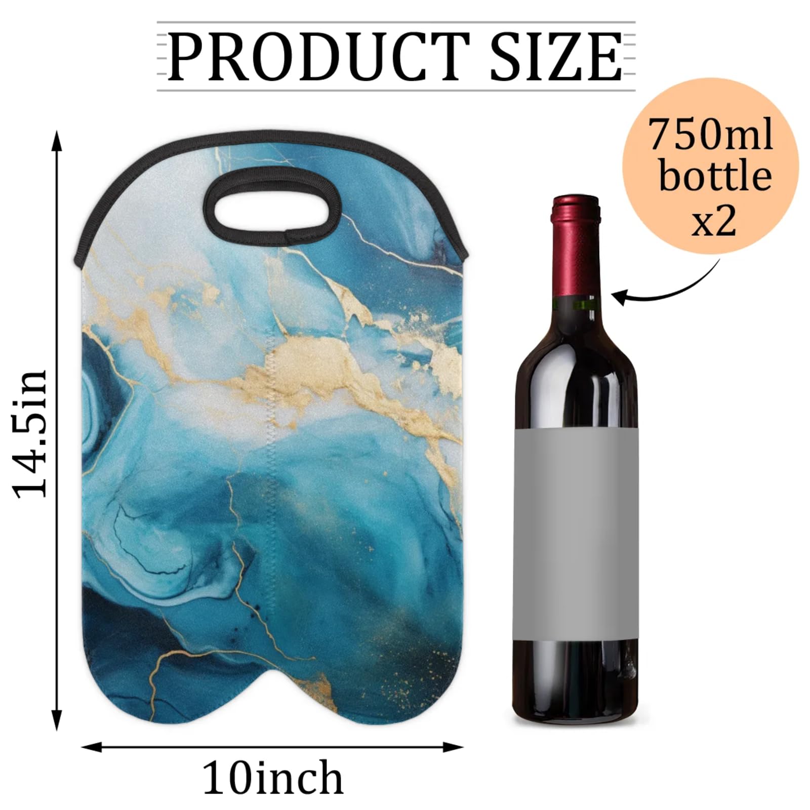 GzLeyigou 2 Bottles Blue Marbling Wine Bag Sleeve Totes Neoprene Protective Wine Carrier Bag for Wine,Water, Champagne, Beer, Baby Bottles,Gift 14.5 x 10 Inches